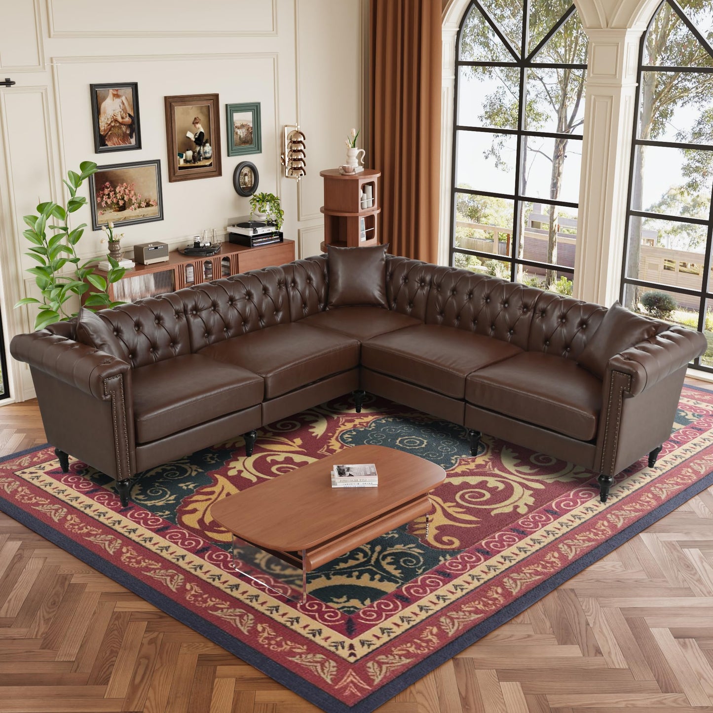 Eafurn Symmetrical L-Shaped Chesterfield Sectional Sofa, Tufted Faux Leather Sofa with Thickness Cushions, Rolled Arms & Nailhead Trim, 5-Seat Corner Couch for Living Room, Apartment or Office