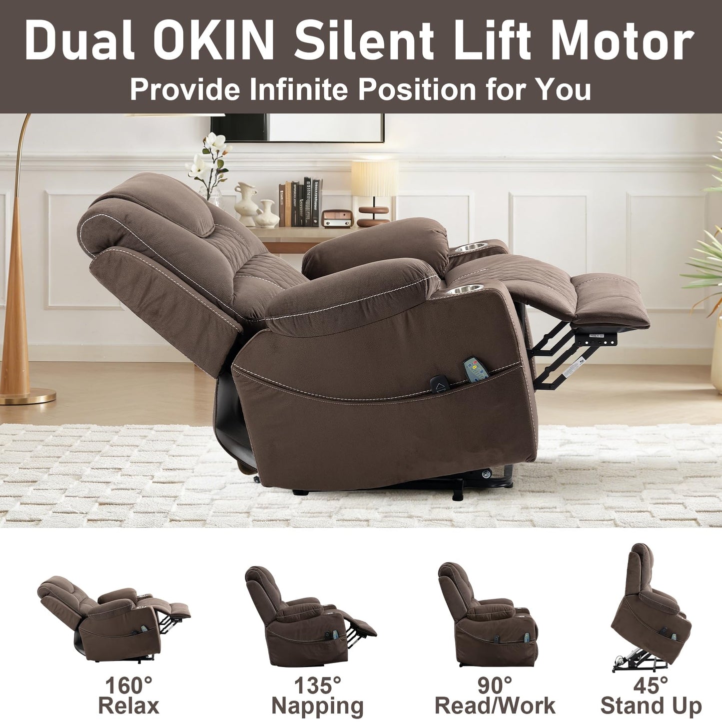 RHHVVR Oversized Power Lift Recliner Chair for Big and Tall 400 LBS Elderly, 26" Large Electric Recliner Chair with Massage and Heating, Lay Flat Zero Gravity Recliner Sofa, Velvet Coffee Brown