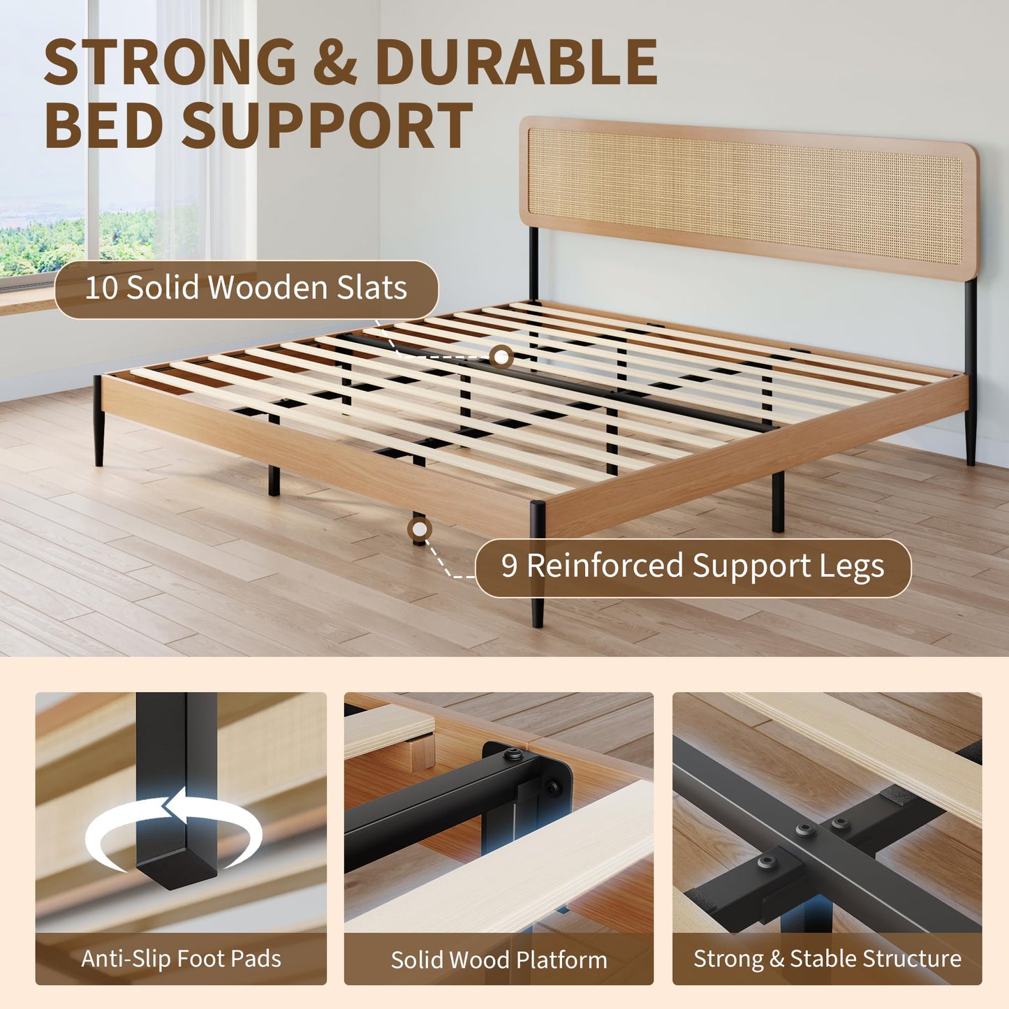 Rattan King Bed Frame with Headboard, Boho King Platform Beds, Natural Woven Rattan Headboard, Heavy Duty Slat Support Platform, No Box Spring Needed, Under Bed Storage, Noise Free, Easy Assembly