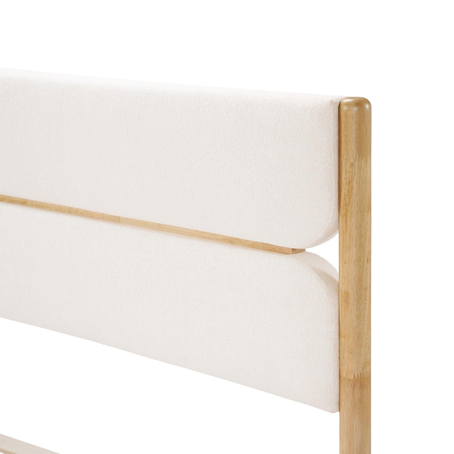 Merax Solid Wood Bed Frame King Size with Fleece Sponge Upholstered Headboard, Solid Rubber Wood Frame, Elegant King Platform Bed, Ample Underbed Storage Space, Bear 800lbs, Ivory