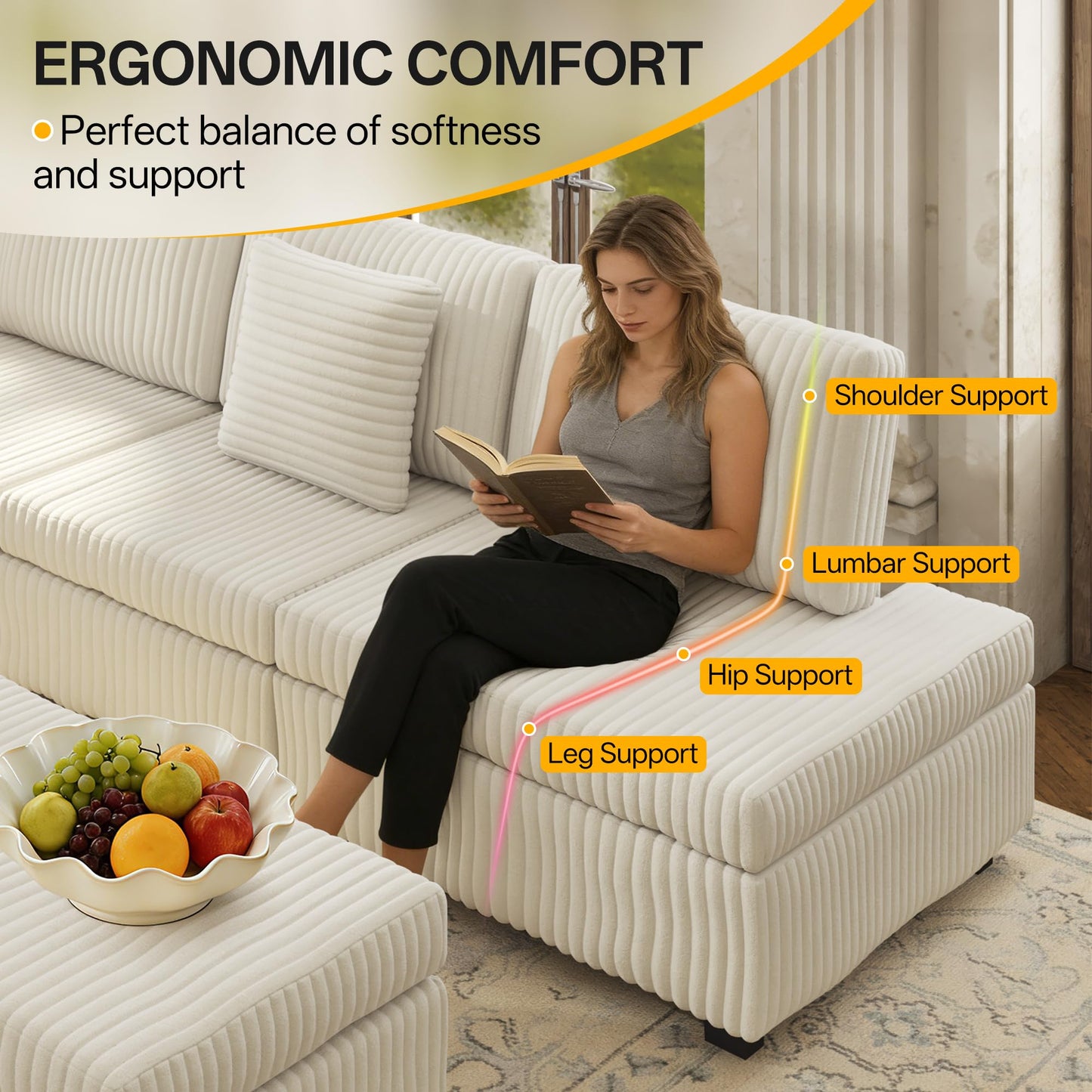 KEIKI 110" L-Shaped Oversized Plush Corduroy Modular Sectional Sofa with Pull-Out Bed, Convertible 6-Seater Sleeper Couch Bed with 1 Ottomans & USB & Cup Holders, Easy Assembly, for Living Room, Beige