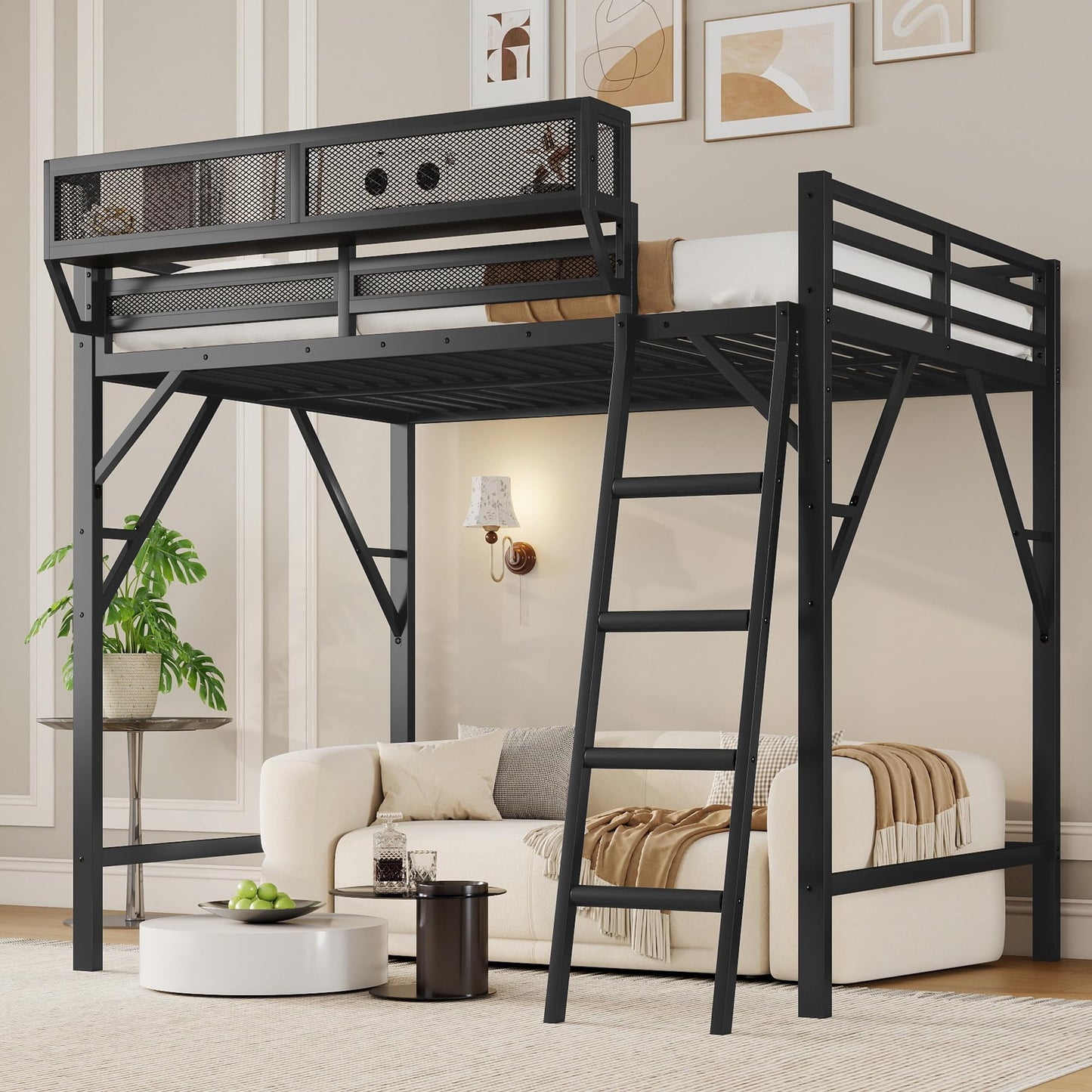 KEIKI Queen Size Metal Loft Bed Frame with Ladder and Built-in Storage Shelves, for Teens, Modern Style Loft Bed with Solid Slats, Guardrail, No Box Spring Required, Easy Assembly, for Bedroom, Black