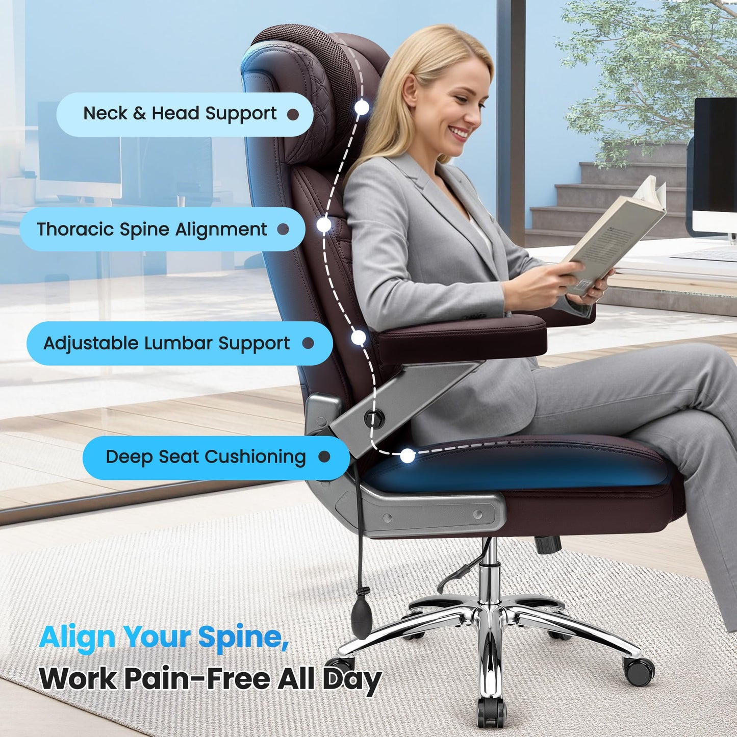 Big and Tall Office Chair for Heavy People, 500LBS Wide Seat Computer Desk Chair, Extra Large Executive Gaming Chair with Adjustable Lumbar Support and 5D Flip Arms, Comfy Heavy Duty Office Chair