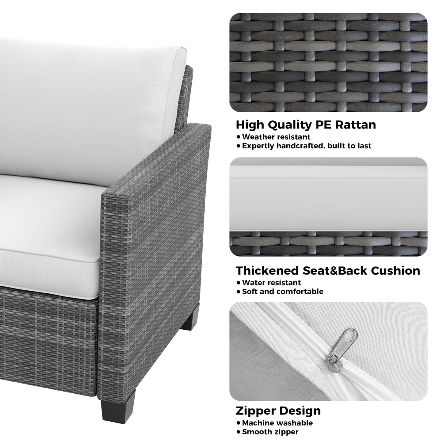GarveeLife 5 Pieces Patio Furniture Set, 7-Seater Rattan Wicker Patio Conversation Sets with Coffee Table, Outdoor Sectional Patio Sofa Set, Grey Rattan and Grey Cushions