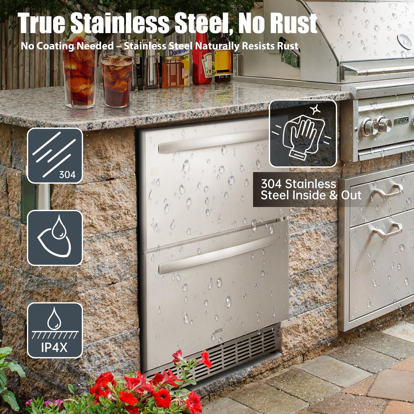 HCK 24 Inch Under Counter Double Drawer Fridge, Stainless Steel Outdoor Beverage Refrigerator for Patio, Built-in Beverage Fridge for Home & Commercial Use