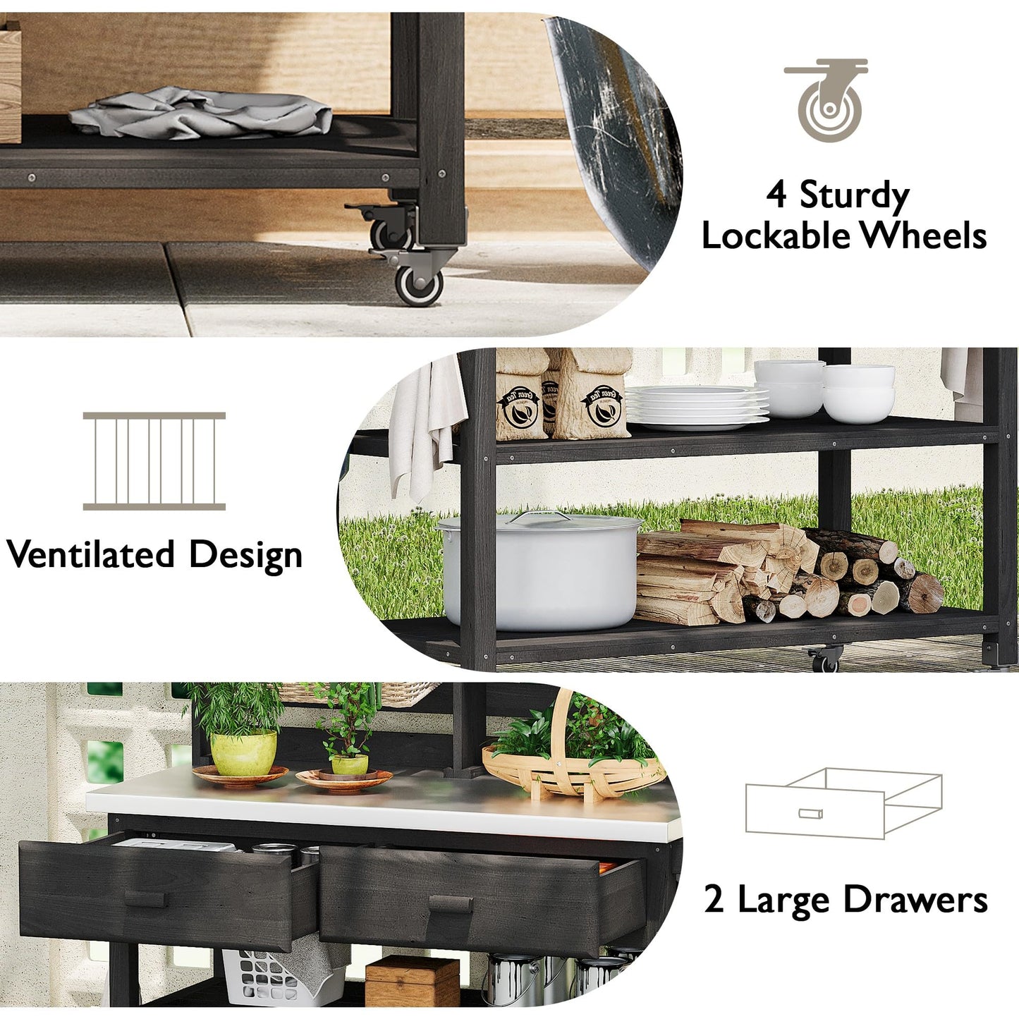 Merax 64.9" H Outdoor Potting Bench Table with Lockable Wheels, Solid Wood Outdoor Kitchen Island with Upper Hutch, Stainless Steel Top, Towel Rack, Outdoor Storage for Grilling, Lawn Garden, Black