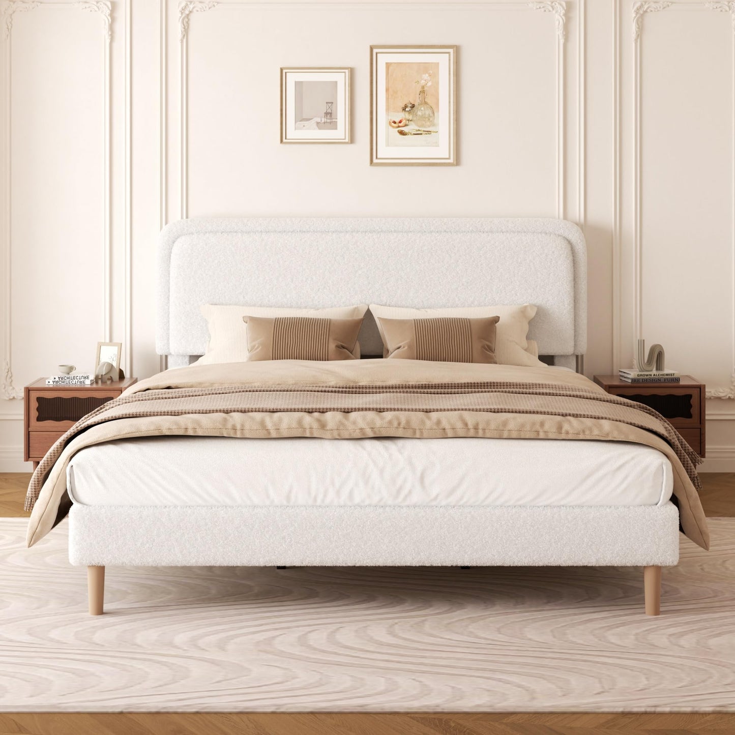 viplov King Size Boucle Upholstered Platform Bed Frame with Adjustable Headboard, Soft Cloud Bed, No Box Spring Needed, Noise Free, Easy Assembly, White