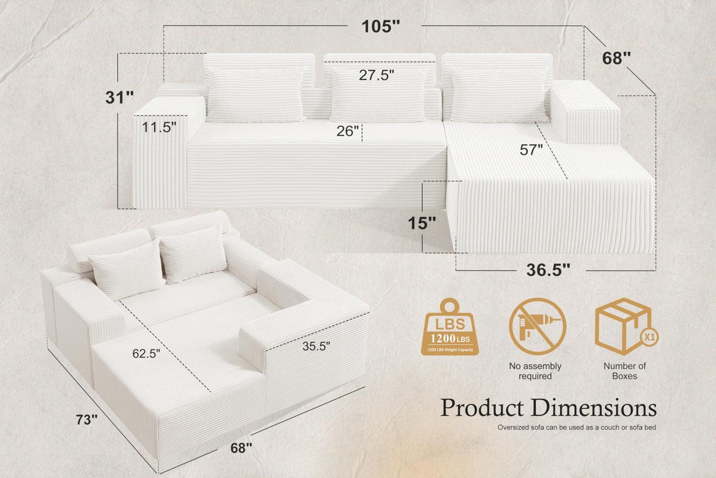 HABUTWAY Sectional Couches for Living Room,No Assembly L Shaped Couch 105" Modular Sectional Sofa Couch with Deep Seat,Cloud Couches Furniture Sets for Apartment,Corduroy (Beige, Right Facing)