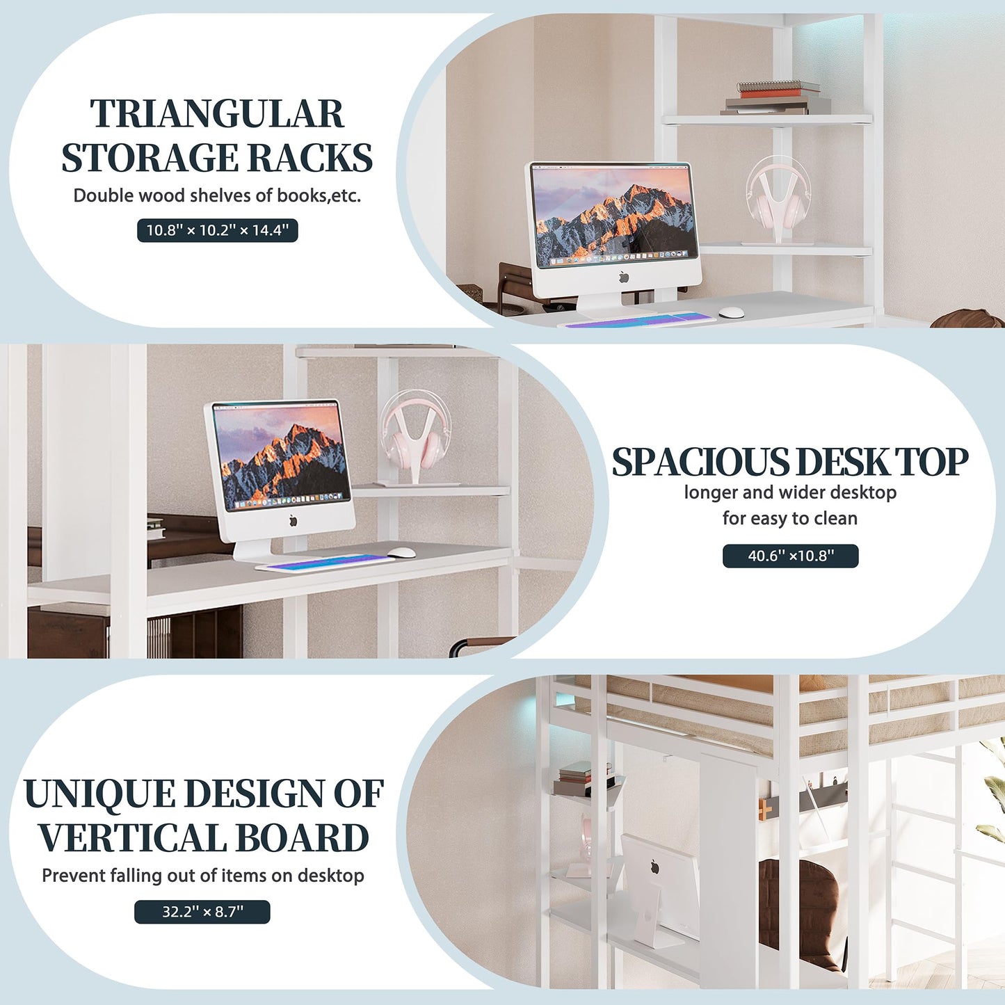 SUNLEI Metal Twin Loft Bed with Desk, Twin Size Loft Bed with 2 Built-in Ladders & Safety Guard, Noise Free for Small Bedroom, Matte White