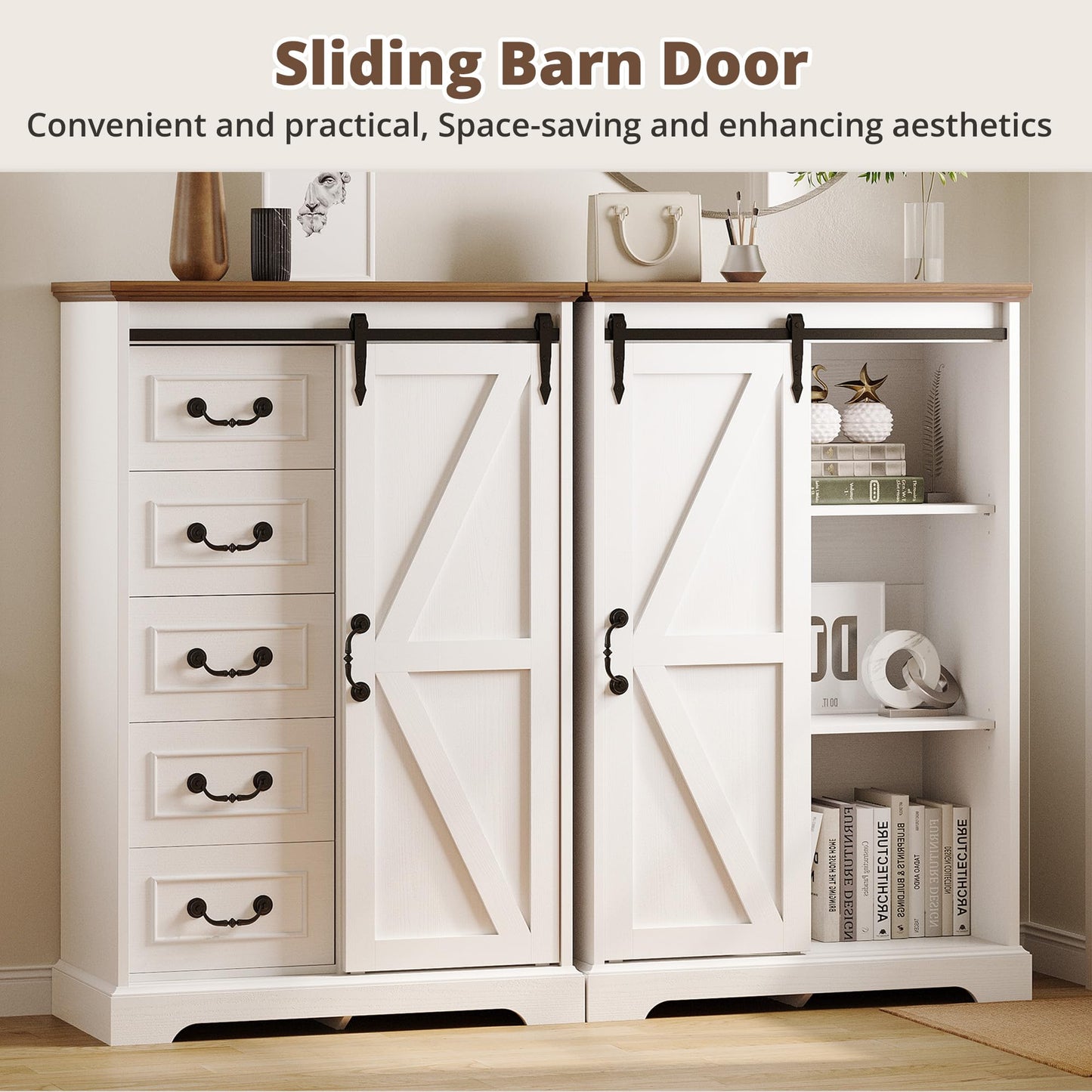 IRONCK 5 Drawers Dressers for Bedroom, Farmhouse Dresser Chest of Drawer with Sliding Barn Door,48” Tall Dresser Storage Organizer for Living Room, Entryway, White/Walnut