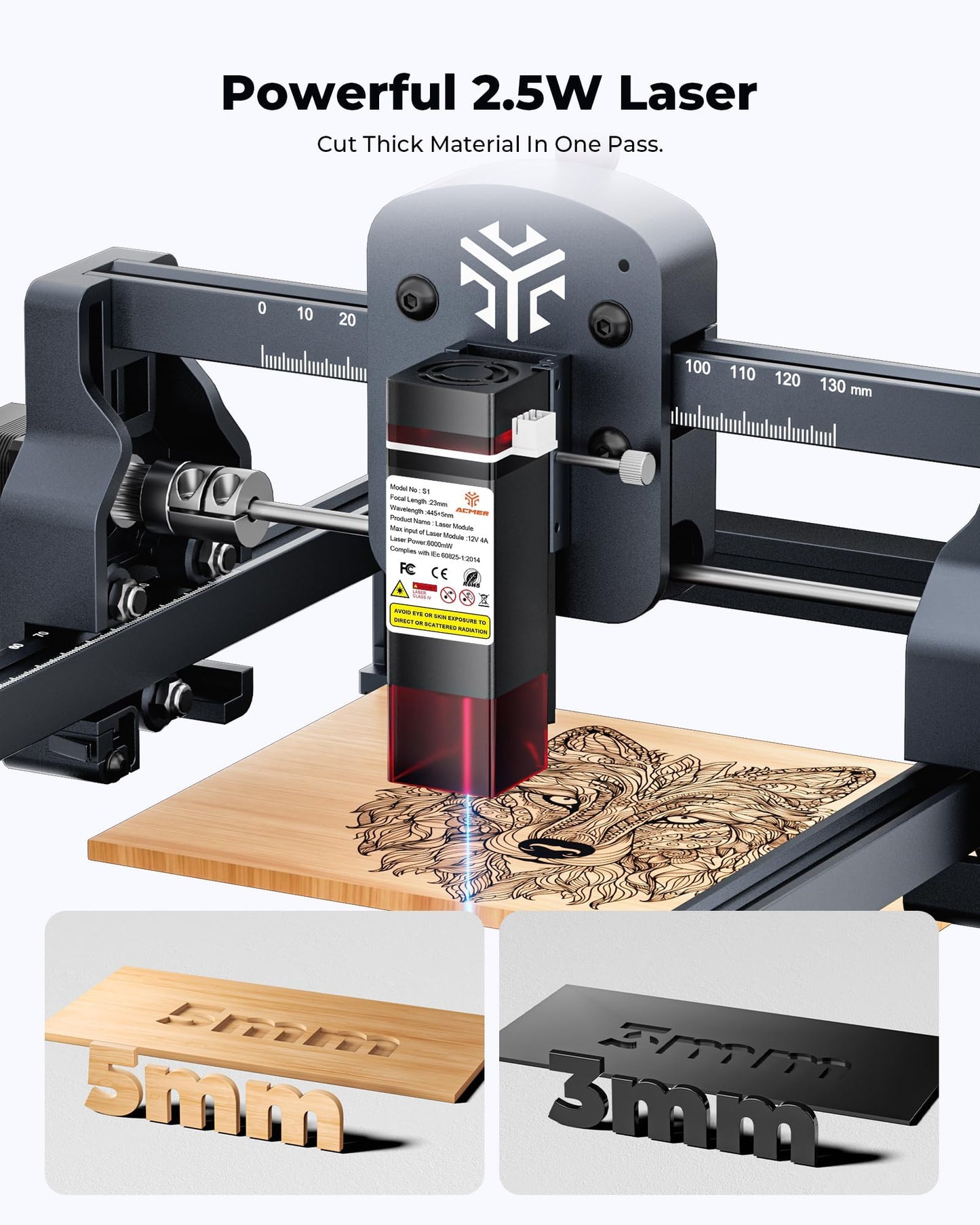 ACMER S1 Laser Engraver, 6000mW Engraving Machine for Beginners, 130x130mm Working Area, 0.04mm Precision, Laser Cutter for Wood, Acrylic, Leather, DIY Craft Projects