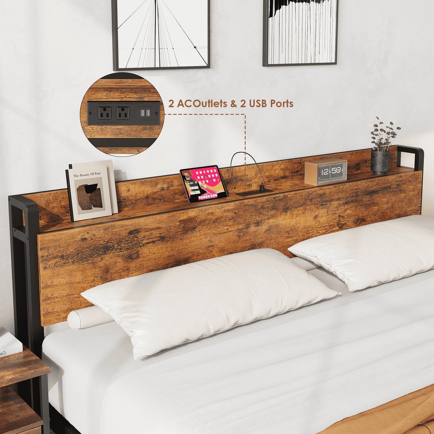 IDEALHOUSE King Size Bed Frame with Storage Headboard, Industrial King Bed Platform with Charging Station and USB Ports, No Box Spring Needed Easy Assemble Mattress Foundation - Rustic Brown