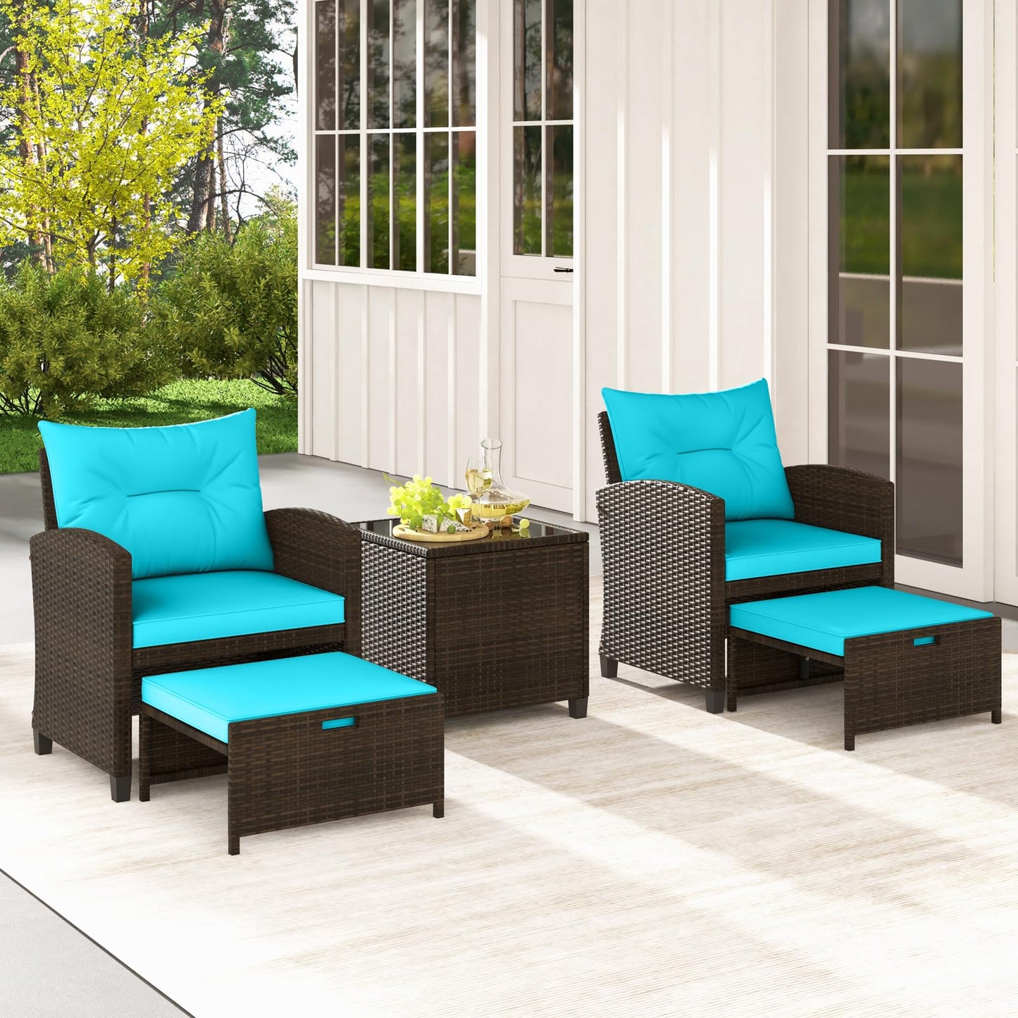 Tangkula 5 Pieces Patio Conversation Set, PE Wicker Outdoor Furniture Set with 2 Chairs, 2 Ottomans & Tempered Glass Coffee Table, Ideal for Poolside, Backyard, Lawn, Deck, Mix Brown & Turquoise