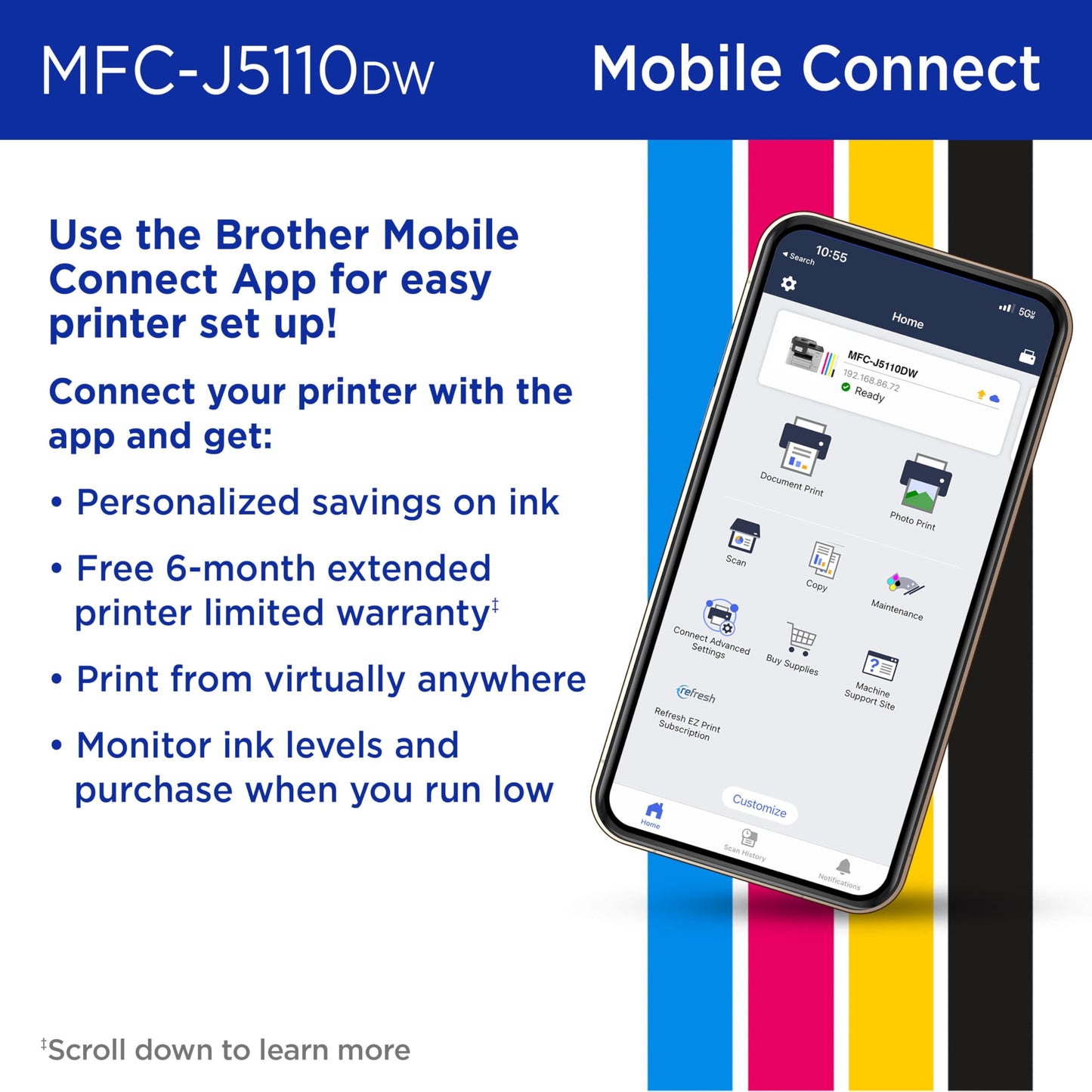 Brother INKvestment 5110 Wireless Color Inkjet All-in-One Printer with a 500-sheet Paper Tray Capacity and a 4.3” Color Touchscreen (MCF-J5110DW)