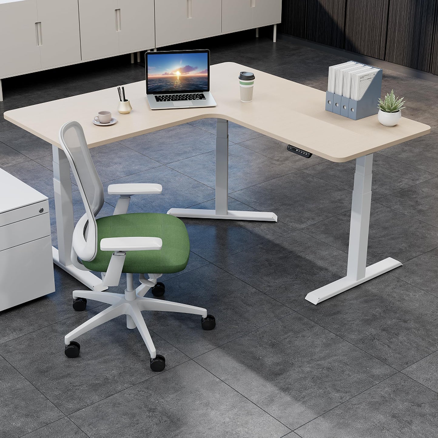 Fromann Adjustable Standing Corner Desk Frame 3 Leg L-Shaped Electric Triple Motor Desk Base Height and Width Adjustable Standing/Sitting for Home Office (White)