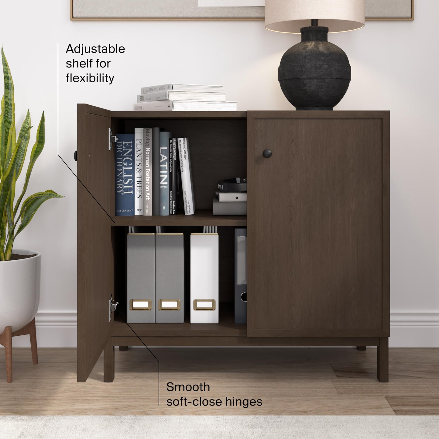 Bush Home 54-Inch Writing Desk with 2 Door Low Storage Cabinet, Computer Study Laptop Table Workstation, Drawers and Adjustable Shelves, Home Office Furniture Set, Avery Collection, Chocolate Birch