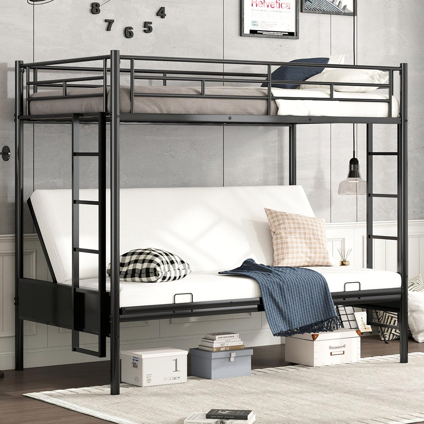 Bellemave Twin Over Futon bunk Bed, loft Bed with futon, Twin Over Full Futon bunk beds, No Box Spring Needed, Black