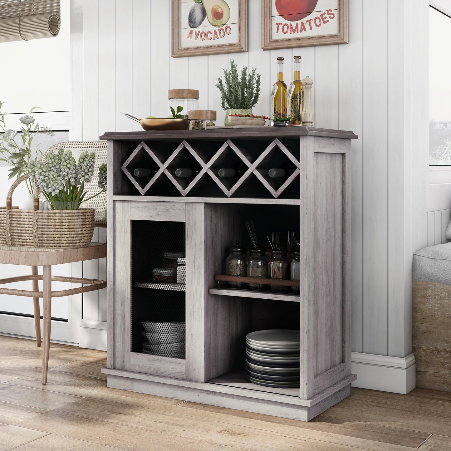 24/7 Shop at Home Wynot Farmhouse 4 Shelves Wood 31 in. Buffet, Sideboard with Wine Rack, Sliding Door for Dining Room, Kitchen, Coastal White