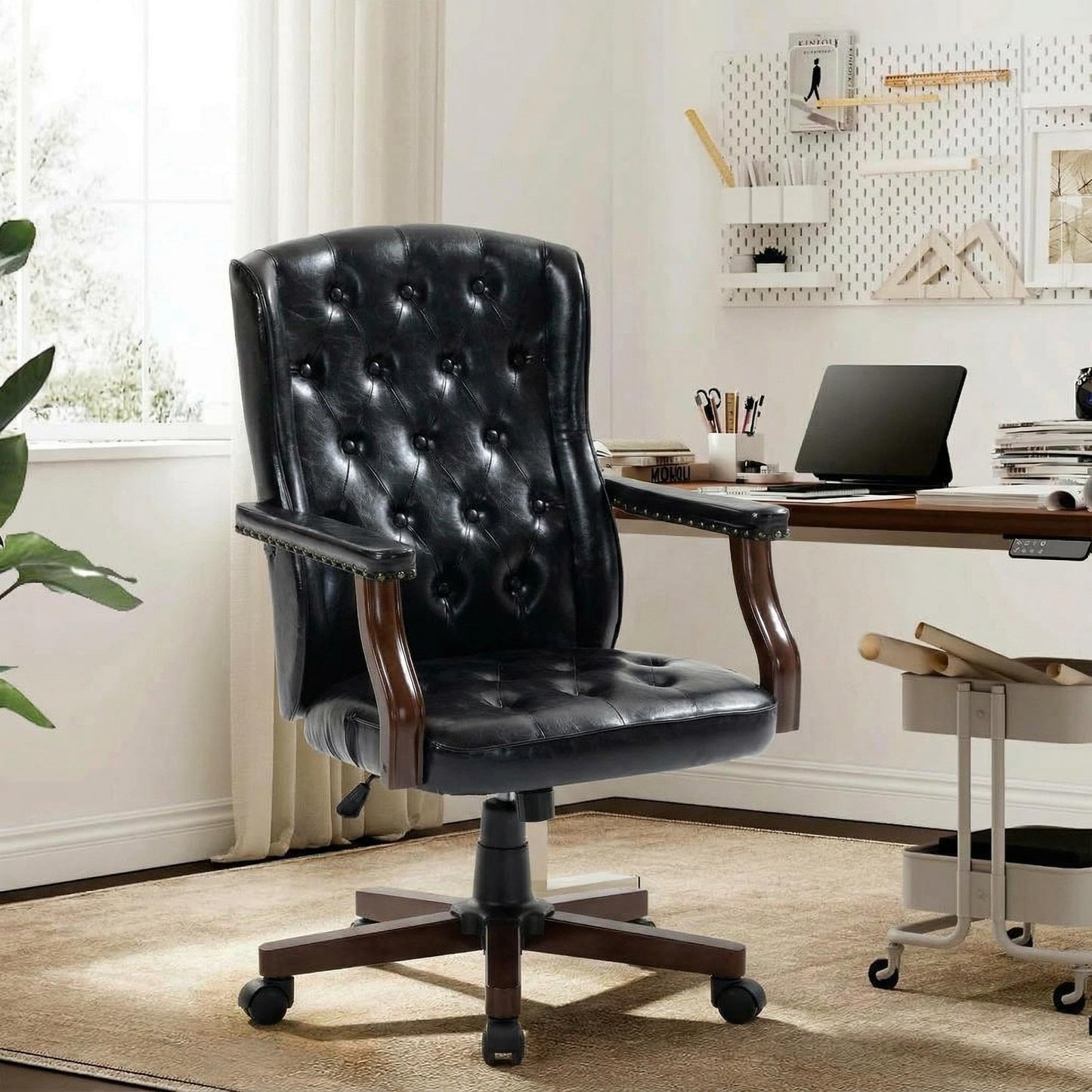 Executive Office Chair, Ergonomic Faux Leather Desk Chair with Wingback Design, Swivel Adjustable Home Office Chair for Computer Desk, Comfortable Task Chair for Home Office, Black