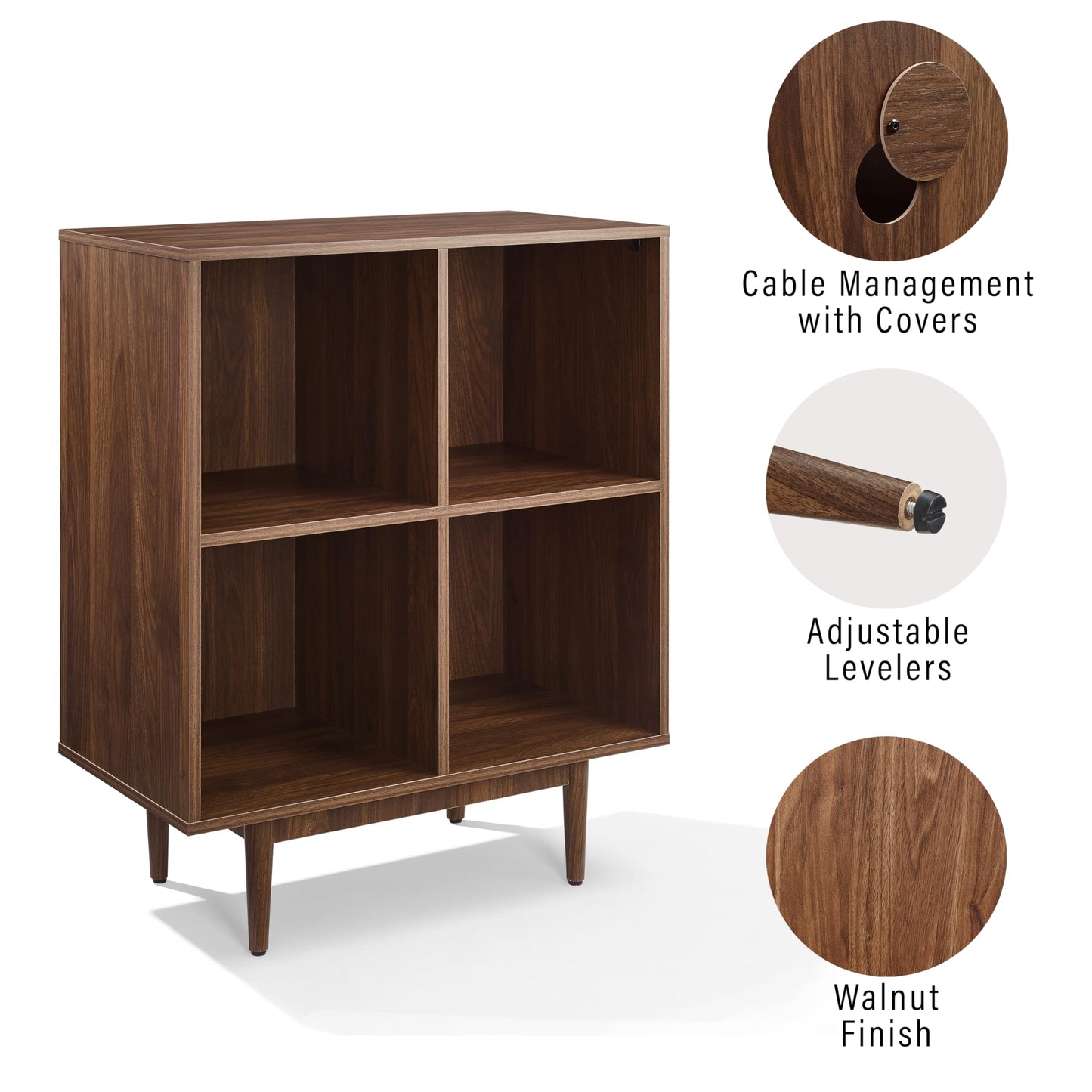 Crosley Furniture Liam Vinyl Record Storage 4 Cube Media Stand for Turntables, Mid-Century Modern Bookshelf, Walnut