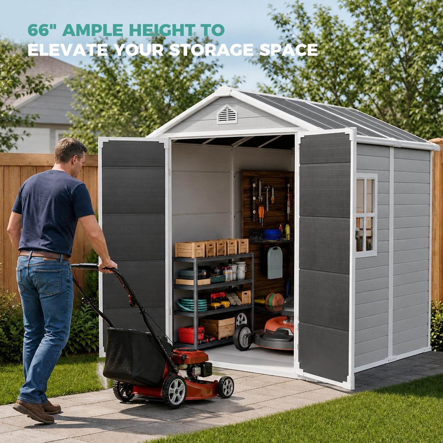 SENYUN 8x6 FT Resin Storage Shed with Floor Included, Garden Outdoor Shed with Lockable Doors and Window, Double-Wall Polypropylene Plastic Shed for Backyard, Patio, Lawn, Bike, Tools, Grey