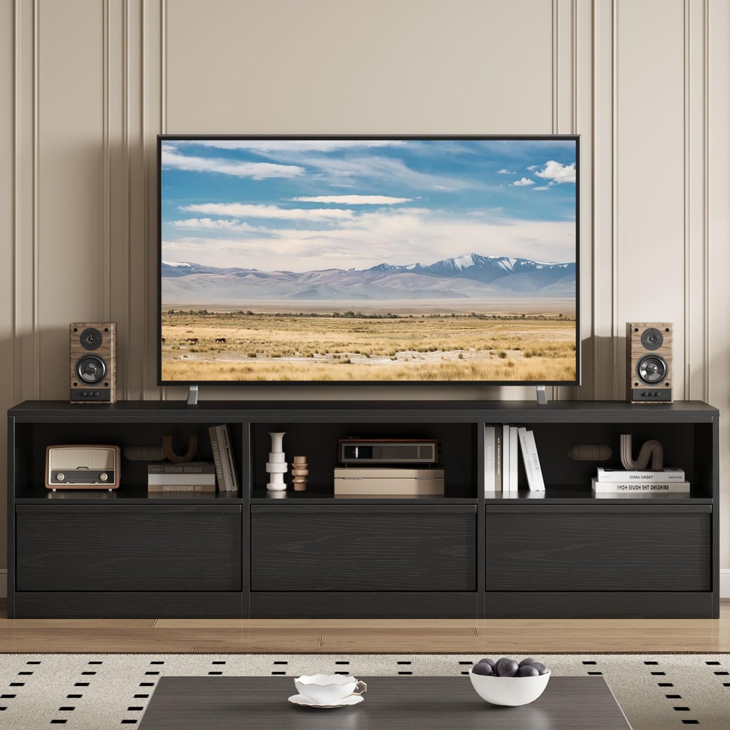 Garvee Mid Century Modern TV Stand for 65 70 75 in TVs, Industrial Entertainment Center with 3 Drawers & Open Shelves, Sturdy MDF for Living Room & Bedroom, Black
