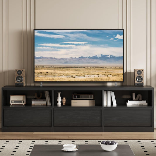 Garvee Mid Century Modern TV Stand for 65 70 75 in TVs, Industrial Entertainment Center with 3 Drawers & Open Shelves, Sturdy MDF for Living Room & Bedroom, Black