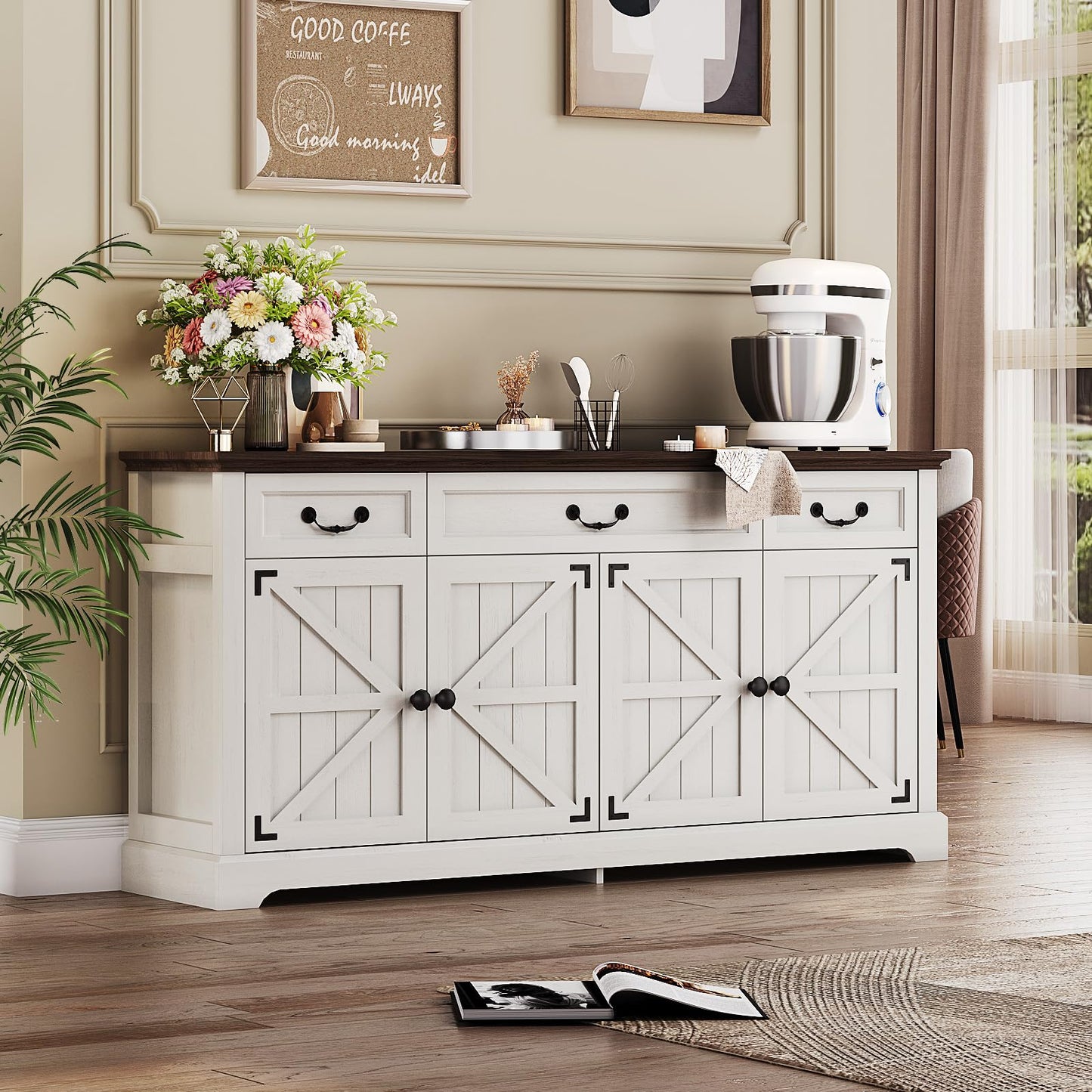 Vipbear 65" Large Sideboard Buffet Cabinet with Storage, Farmhouse Buffet Table Wine Coffee Bar Kitchen Storage Cabinet with 3 Drawers 4 Doors for Living Room, Kitchen, Dining Room, White