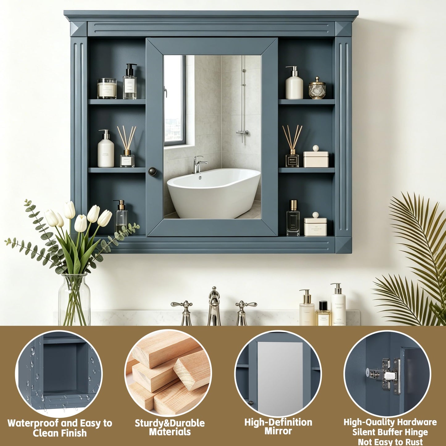 NBEETISM 35 Inch Medicine Cabinet with Mirror, Wall Mount Bathroom Storage Cabinet, Over Toilet Organizer with Adjustable and Open Shelves for Home Decor