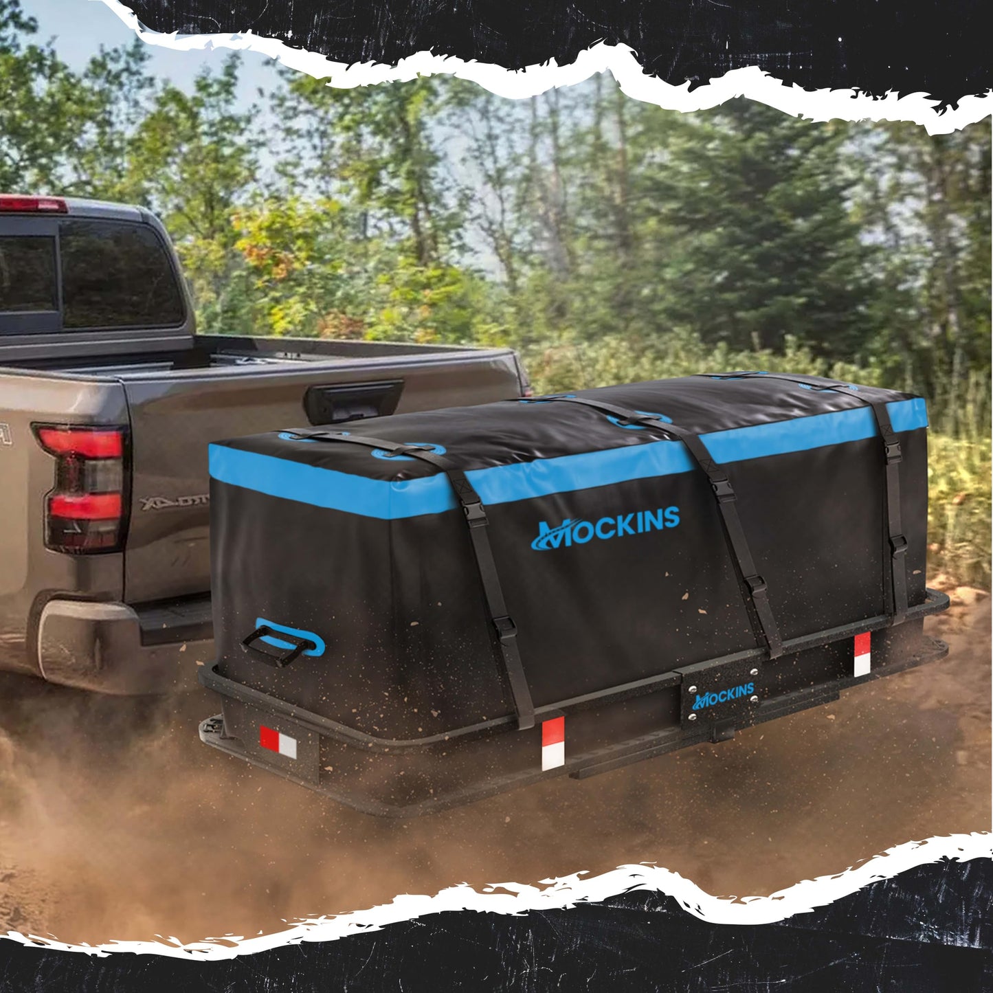 Mockins 60"x20"x6" Heavy Duty Trailer Hitch Cargo Carrier w/ 16 Cu Ft Waterproof Cargo Bag & 4 Packing Cubes | 500 Lbs. Capacity Folding Luggage Rack for SUV Car Truck & RV w/Hitch Basket Accessories