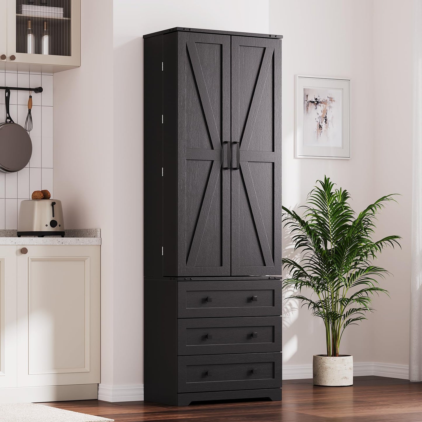 Garvee 72'' Tall Kitchen Pantry Cabinet, Freestanding Tall Cupboard Storage Cabinet with 3 Drawers, Adjustable Shelves, Large Farmhouse Pantries for Living Room, Kitchen, Black