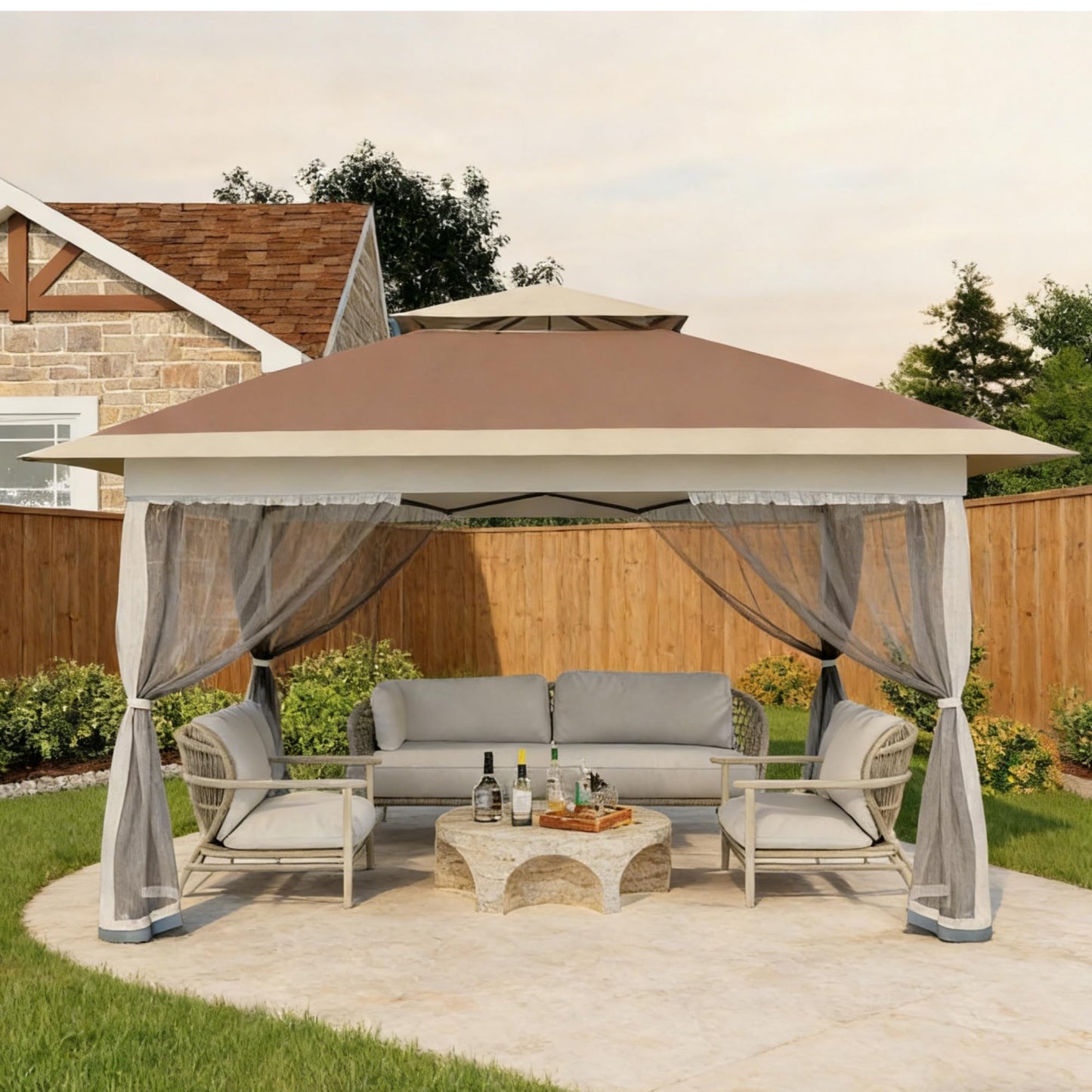 GarveeHome 10X10 Ft Instant Pop-Up Gazebo - Modern Waterproof Canopy Tent with Mosquito Netting & Sidewalls, All-Weather Outdoor Shelter for Patio, Garden, Backyard, Party - Includes Wheeled Carry Bag