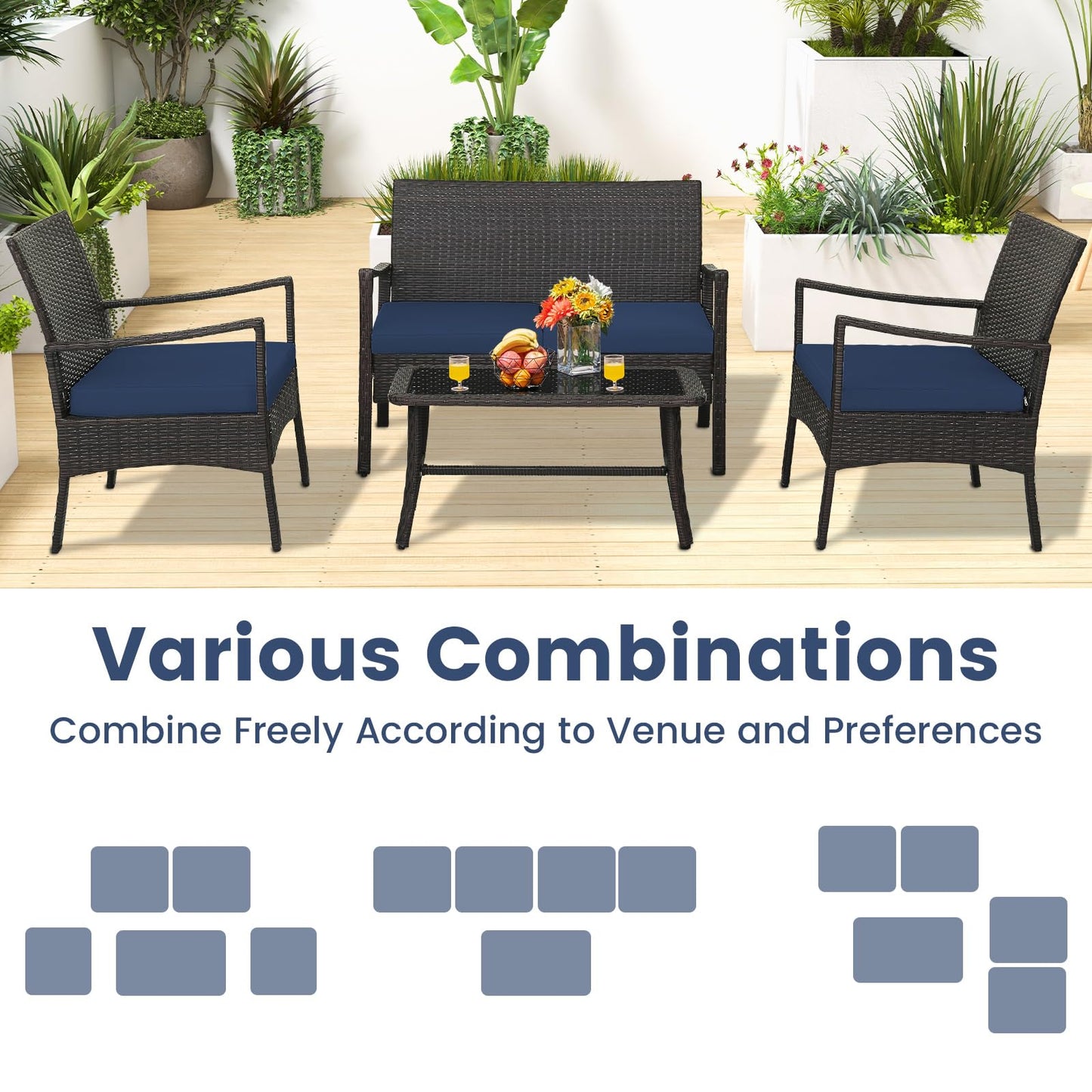 HAPPYGRILL 4-Piece Rattan Patio Conversation Set with Tempered Glass Coffee Table, Comfortable Wicker Loveseat & Chairs for Poolside, Courtyard, Balcony