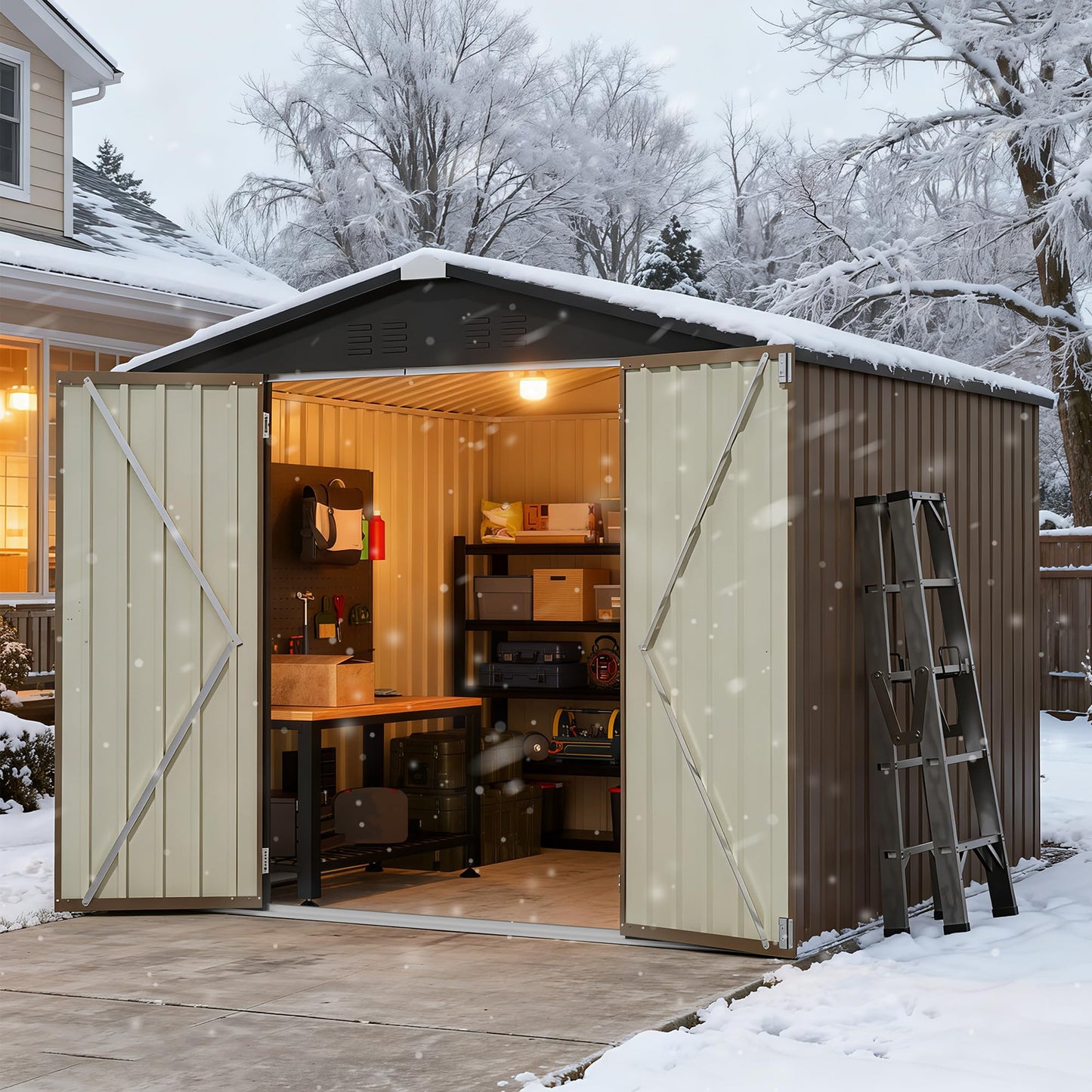 Greesum 8x8FT Outdoor Storage Shed, Utility Tool Shed with Sloping Roof, Metal Storaged Garden Shed with Door & Lock for Patio Storage, Brown