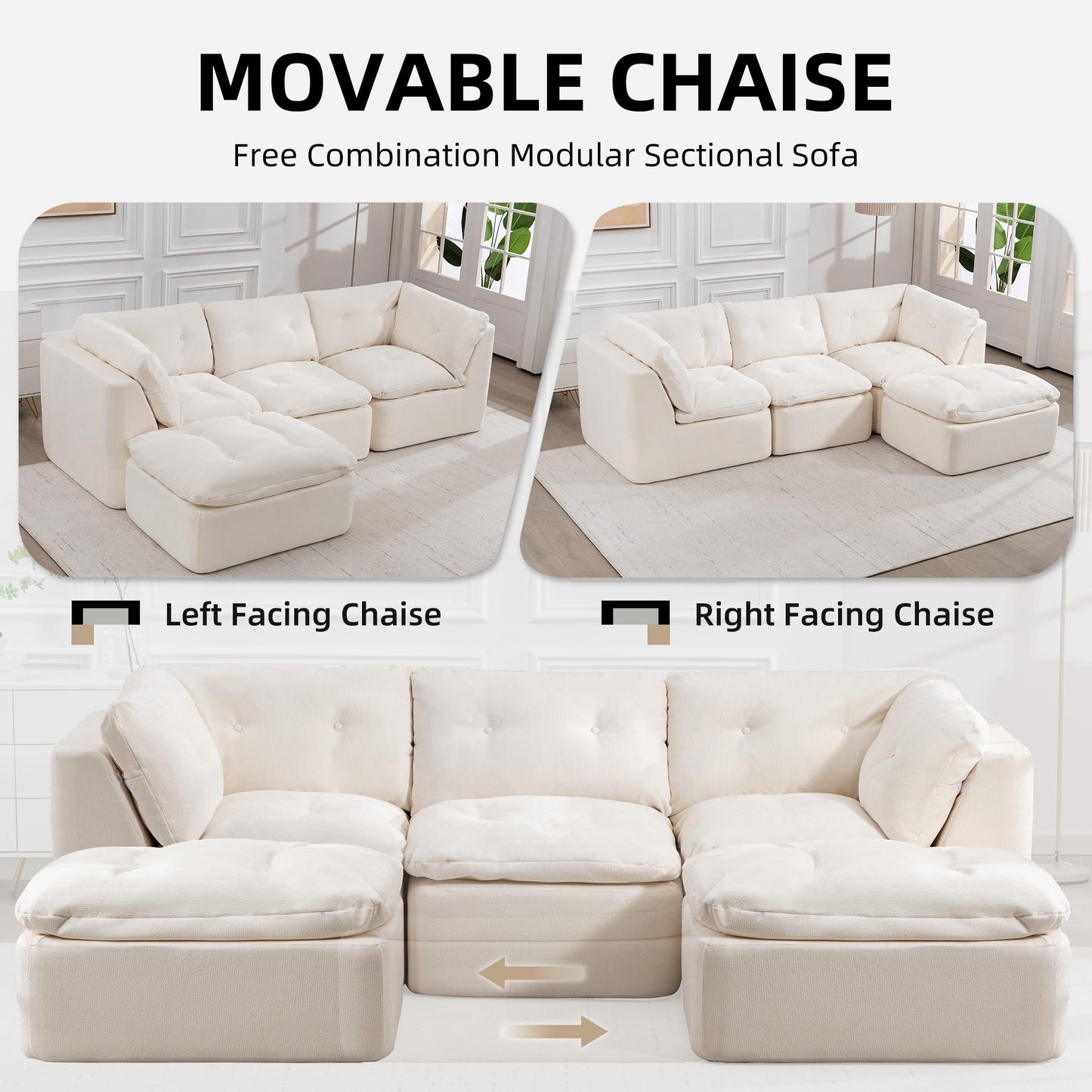 Tufted Cushions Cloud Sectional Boneless Sectional Sofa with Movable Ottoman, 112" Oversized Modular Convertible L Shaped Corner Couch with Deep Seat,Memory Foam Compressed Sofa