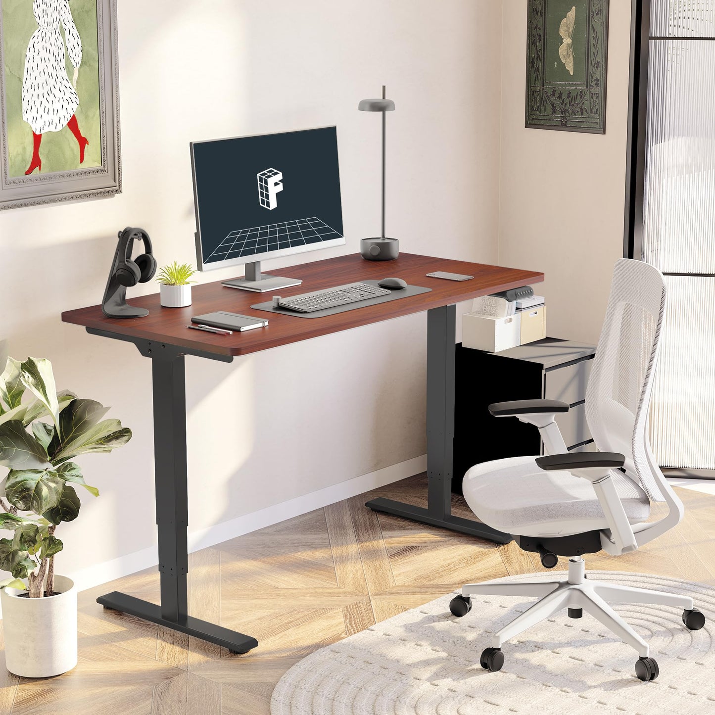 FLEXISPOT E6 3-Stage Dual Motor Electric Standing Desk 55 x 28 Sit Stand Up Desk, Holds 220 lbs, Adjustable Height w/Memory Presets, One-Piece Mahogany Desktop & Black Frame, Ships in 2 Boxes
