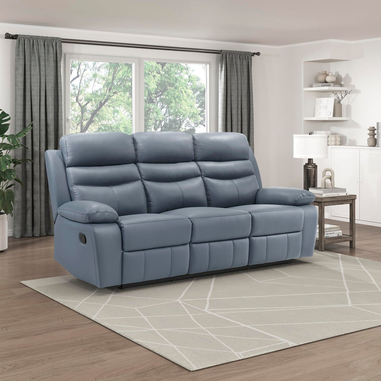 Lexicon 86.5" W Manual Reclining Sofa, Top Grain Leather Match Reclining Sofa, Home Theater Seating, Wall Hugger Recliner Couch, Manual Double Recliner RV Couch for Living Room, Blue