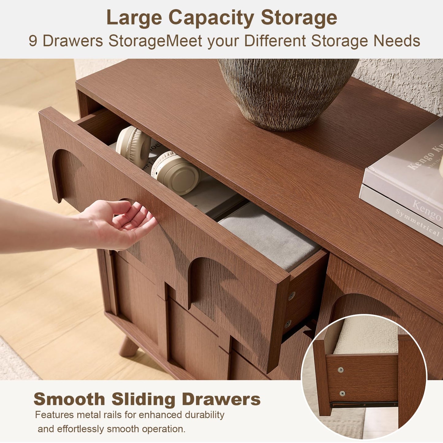 Oak&Sparrow Mid Century Modern Dresser for Bedroom, Walnut 9 Drawer Dresser with Arched Front, 63'' Wide Chest of Drawers Wood Storage Organizer for Living Room