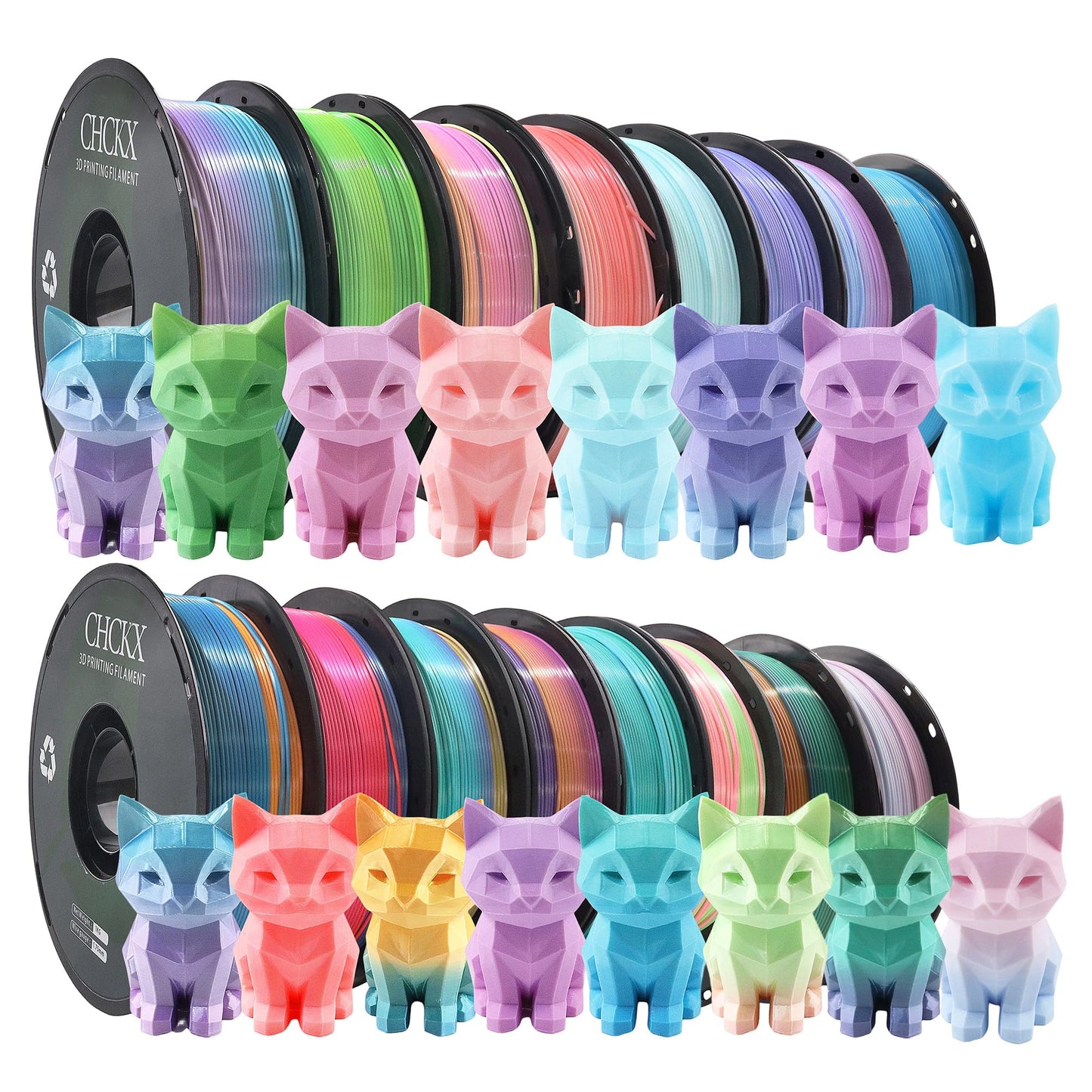 CHCKX 16 Pack Silk Rainbow PLA 3D Printer Filament Bundle, 16 Rolls,Dimensional Accuracy +/- 0.02 mm, 1kg (2.2lbs), 1.75 mm, Rainbow Candy,Blue Green,Red White,Blue White,Green, 16 Mix Rainbow Colors