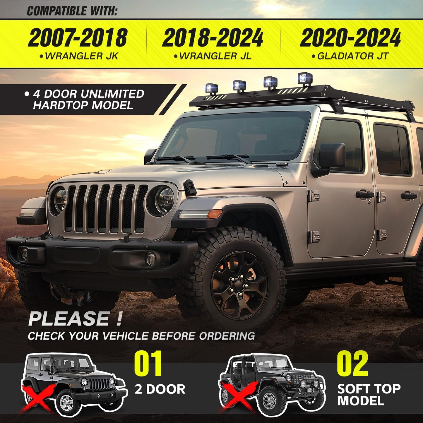 YZONA Roof Rack Cargo Basket with 4 PCS LED Light Bar Compatible with 2007-2026 Jeep Wrangler JK JL Unlimited & Gladiator JT 4 Doors Hardtop Model, JKU JLU Luggage Storage Carrier Rooftop Racks