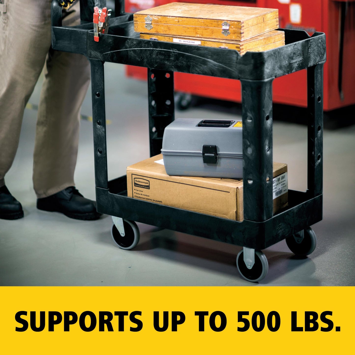 Rubbermaid Commercial Products 2-Shelf Utility/Service Cart, Small, Lipped Shelves, Ergonomic Handle, 500 lbs. Capacity, for Warehouse/Garage/Cleaning/Manufacturing