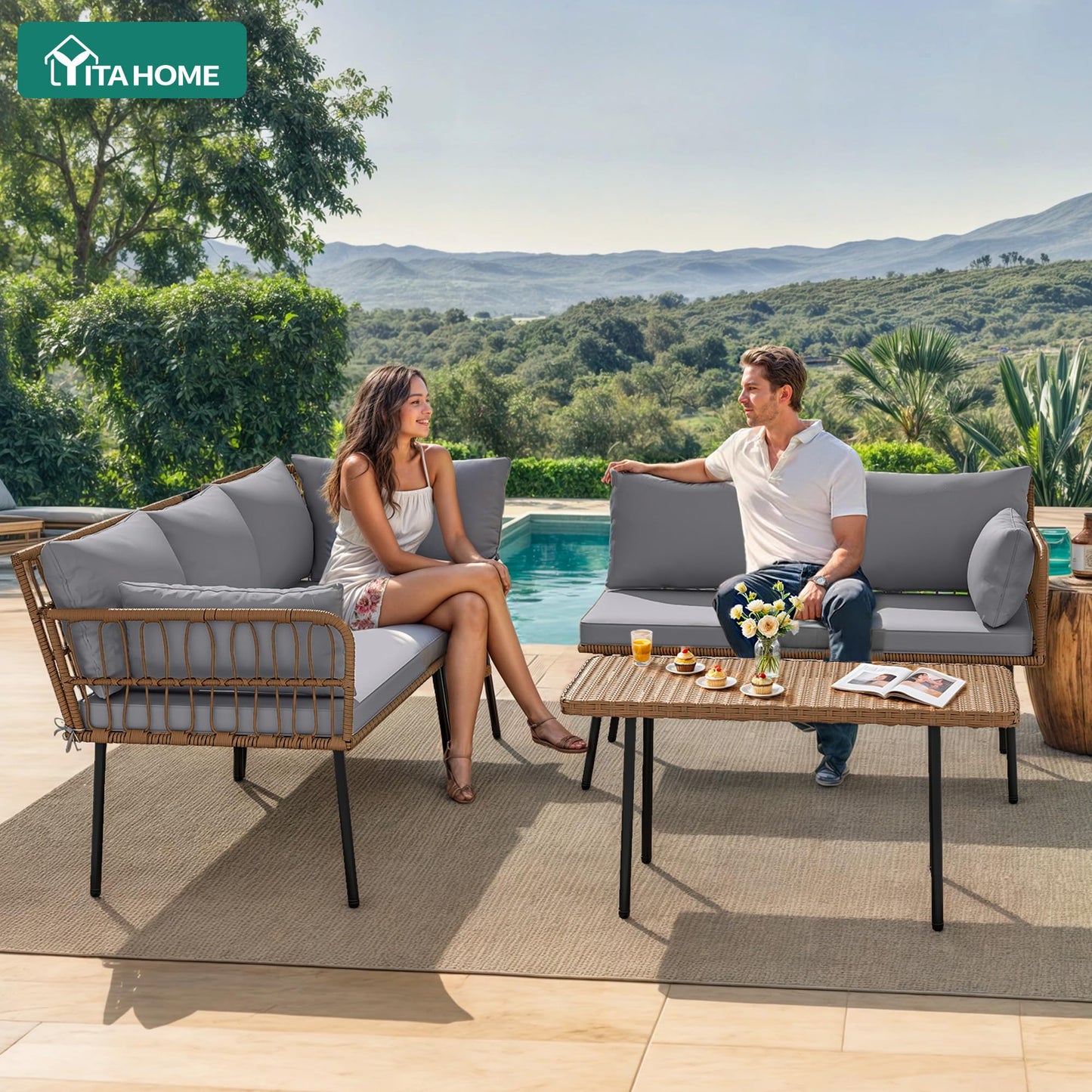 YITAHOME 4-Piece Wicker Patio Furniture Set, All Weather PE Rattan Conversation Set Sectional Sofa with Soft Cushions & Side Table, Porch Furniture for Deck, Balcony, Backyard - Gray