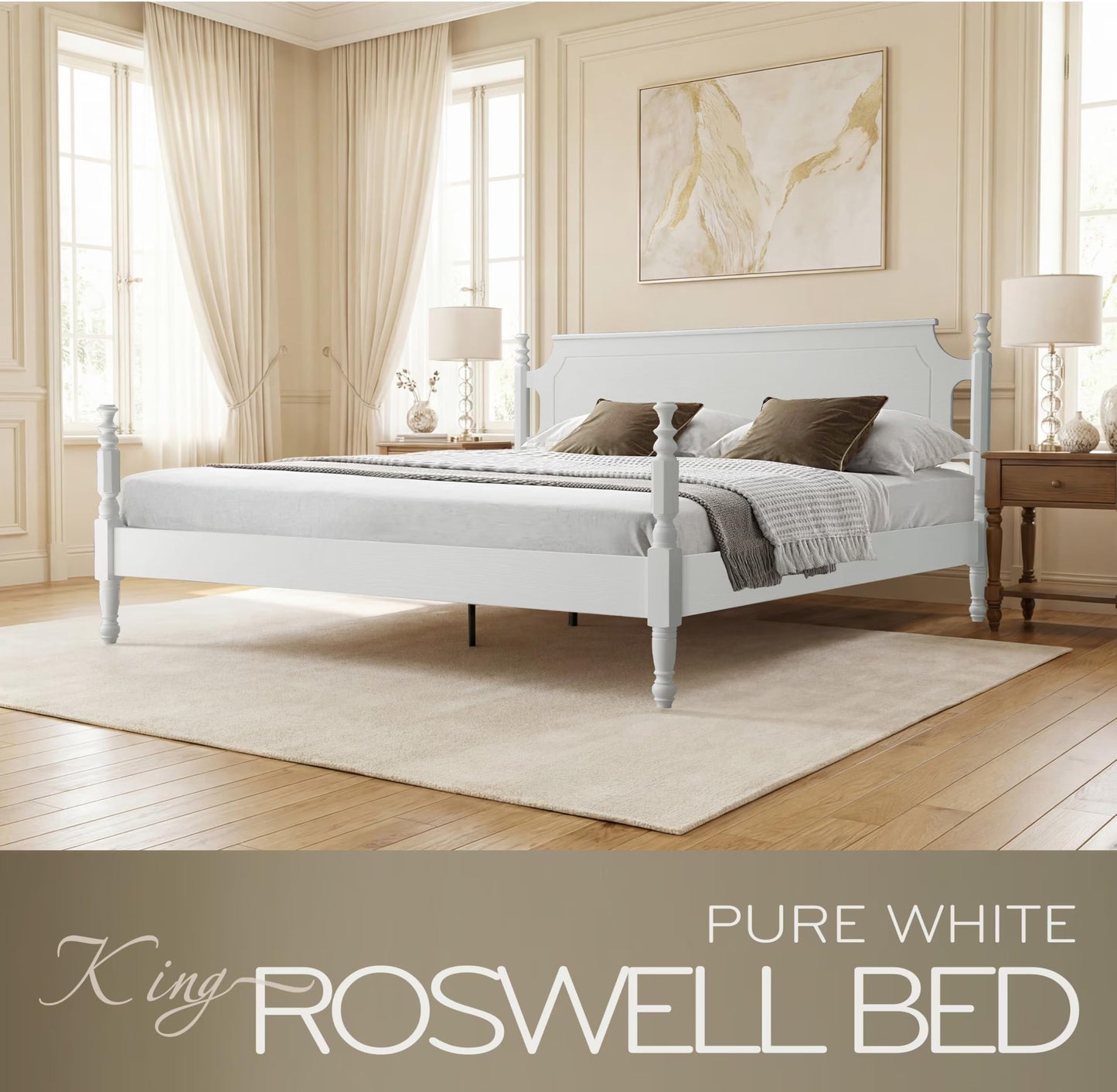 Solid Wood King Size Platform Bed Frame, A Headboard & Footboard, Under Bed Storage, 12 Strong Slats with Center Metal Legs, Anti-Noise & Slip-Free, No Box Spring Needed, Pure White Finish, ROK-39