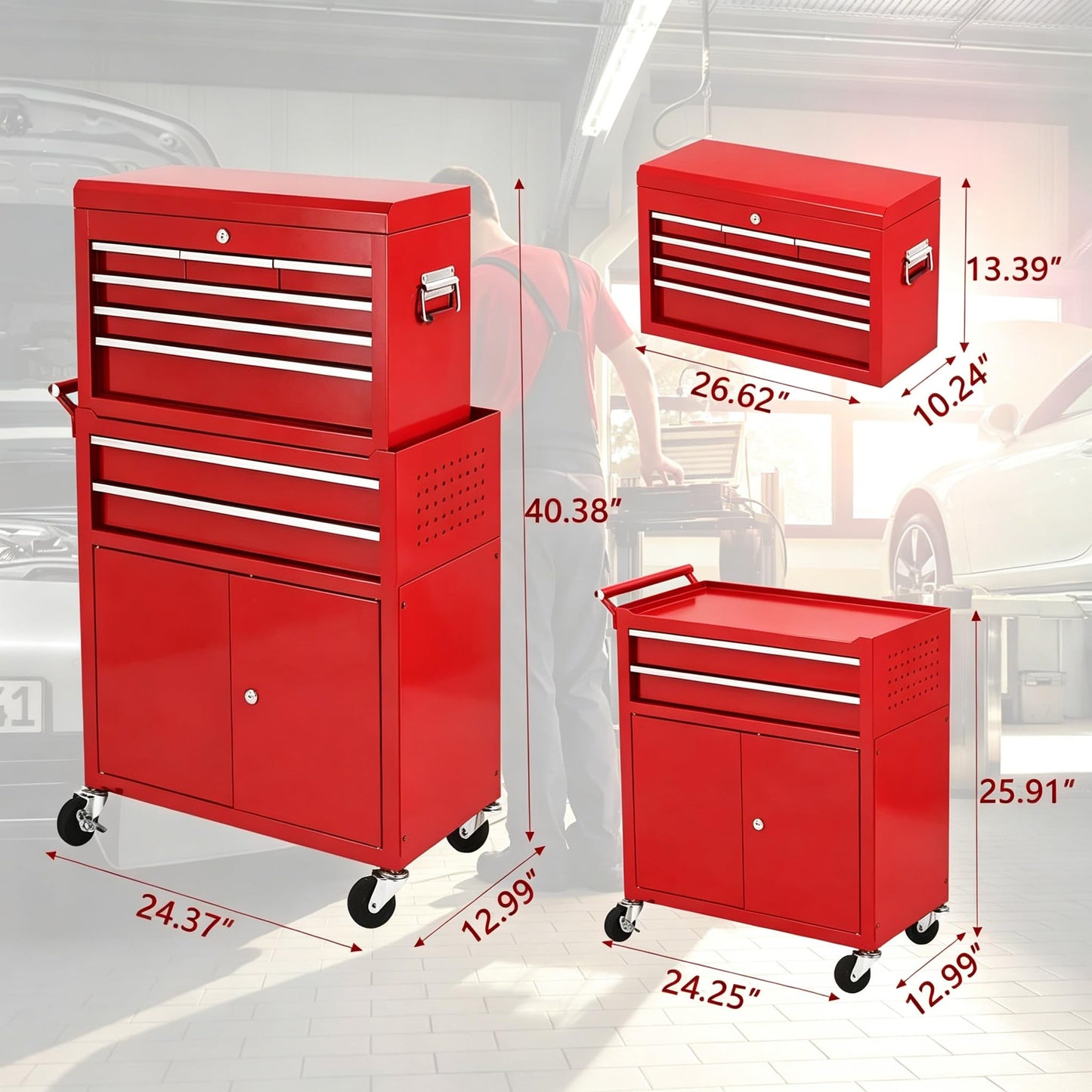 Garvee 8-Drawer Rolling Tool Chest, 2-in-1 High Capacity Tool Storage with Detachable Top Cabinet, Locking System, Wheels and Liners for Garage, Workshop, Red