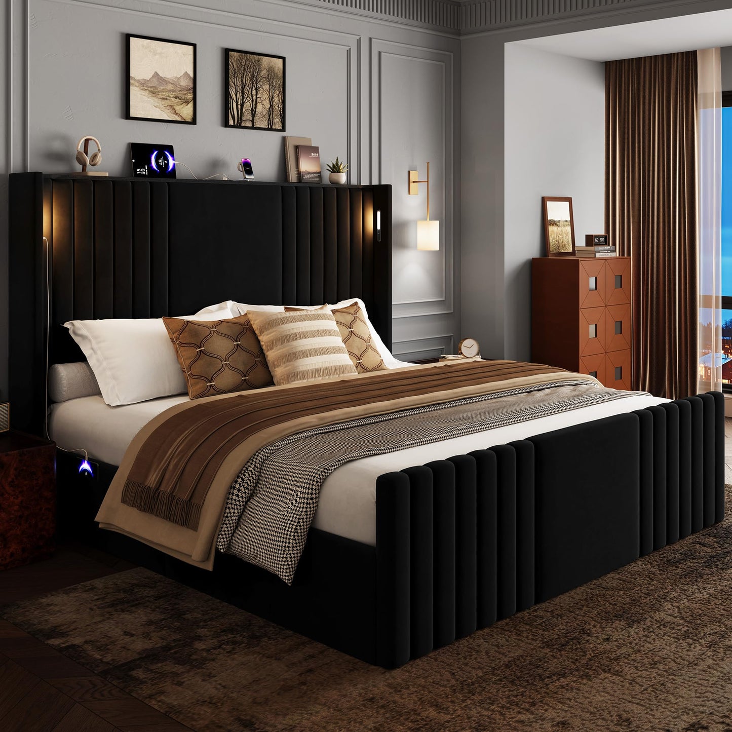 Uteeran King Size Bed Frame with 55.1" Tall Headboard, Velvet Upholstered Platform Bed with Channel Tufted Wingback, 2 Reading Lights/Storage Shelf/Charging Station/Easy Assembly/Noise-Free, Black