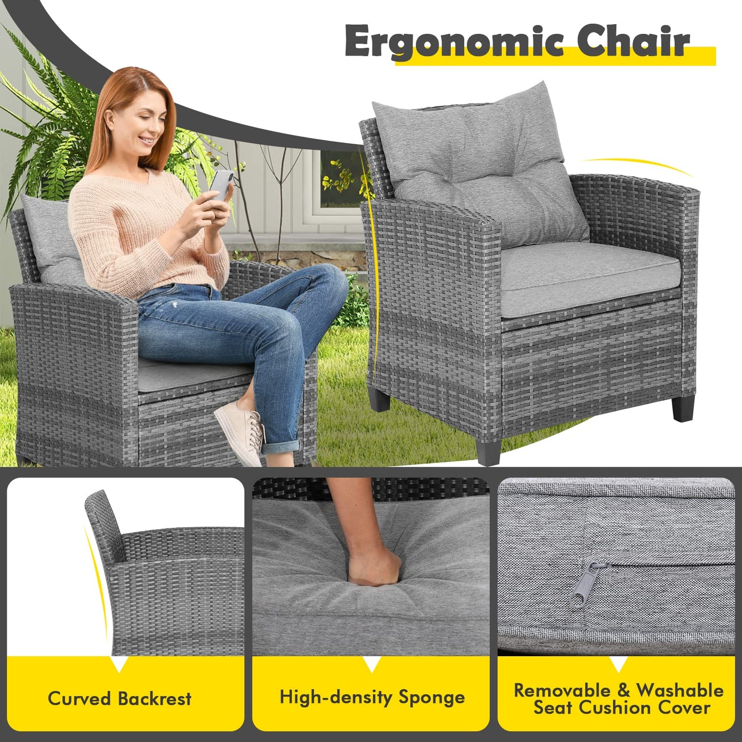 COSTWAY 3-Piece Patio Furniture Set, Outdoor Wicker Rattan Sofa with Cushions, Coffee Table with Tempered Glass, Conversation Sofa Set for Poolside Backyard Balcony (Grey)