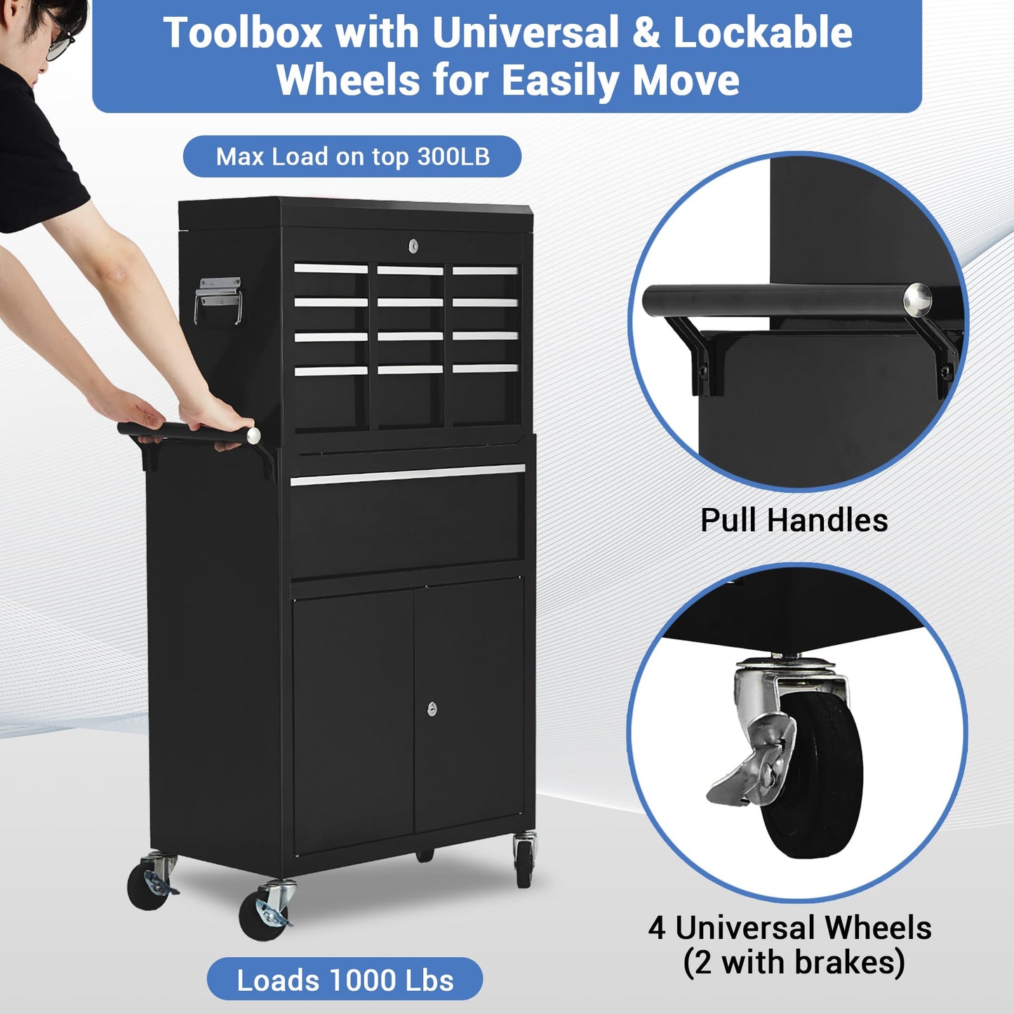 SierraSquad 5-Drawer Rolling Tool Chest, 2-in-1 Detachable Top Tool Box Cabinet, High Capacity Storage, Sliding Drawers, Wheels, Key Lock & Drawer Liners, for Garage Workshop Warehouse