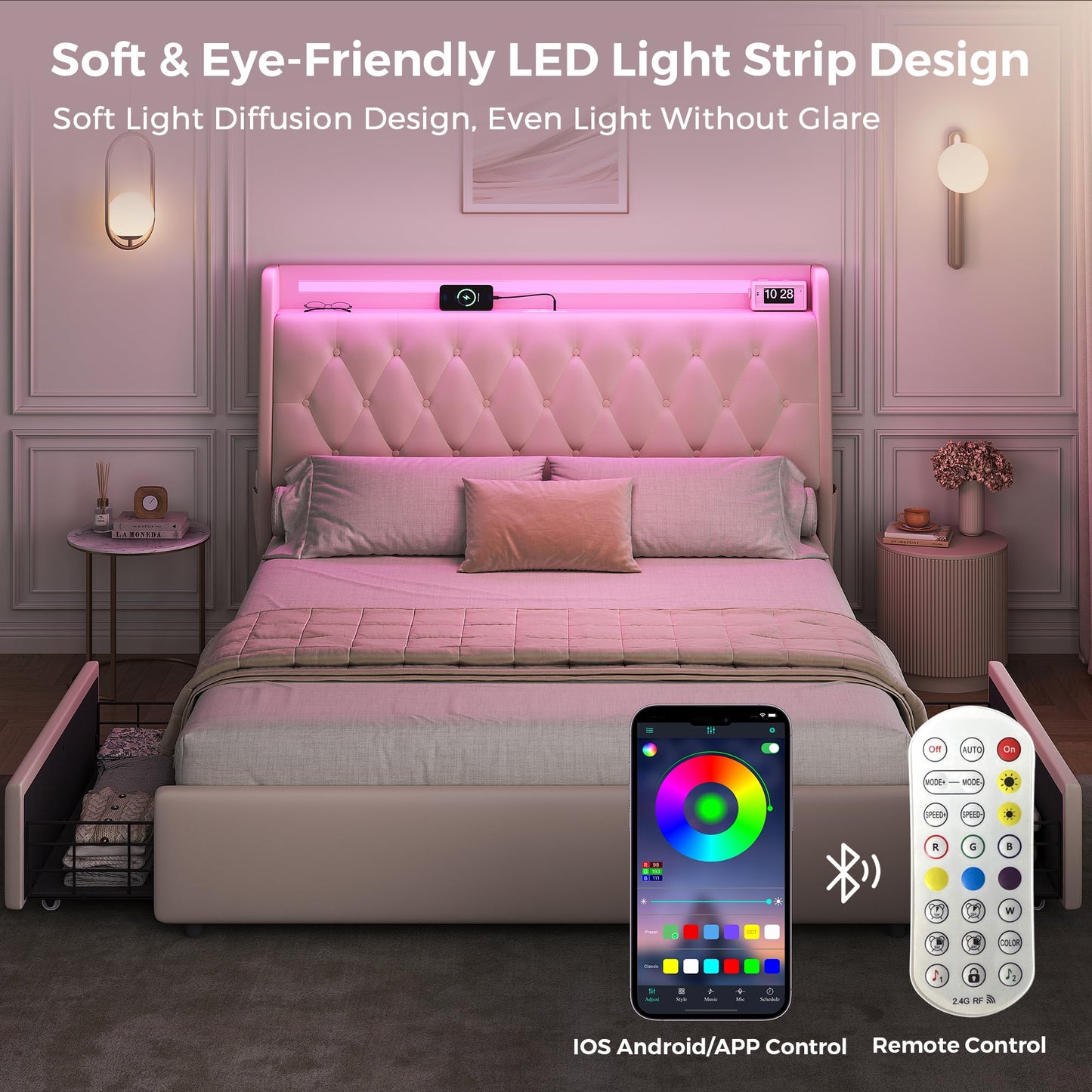 Full LED Velvet Bed Frame with 2 Storage Drawers&Hidden Headboard, Upholstered Platform Bed with Charging Station&Button Tufted Design, Wooden Slats Support, Box Spring Optional, Easy Assembly, Beige