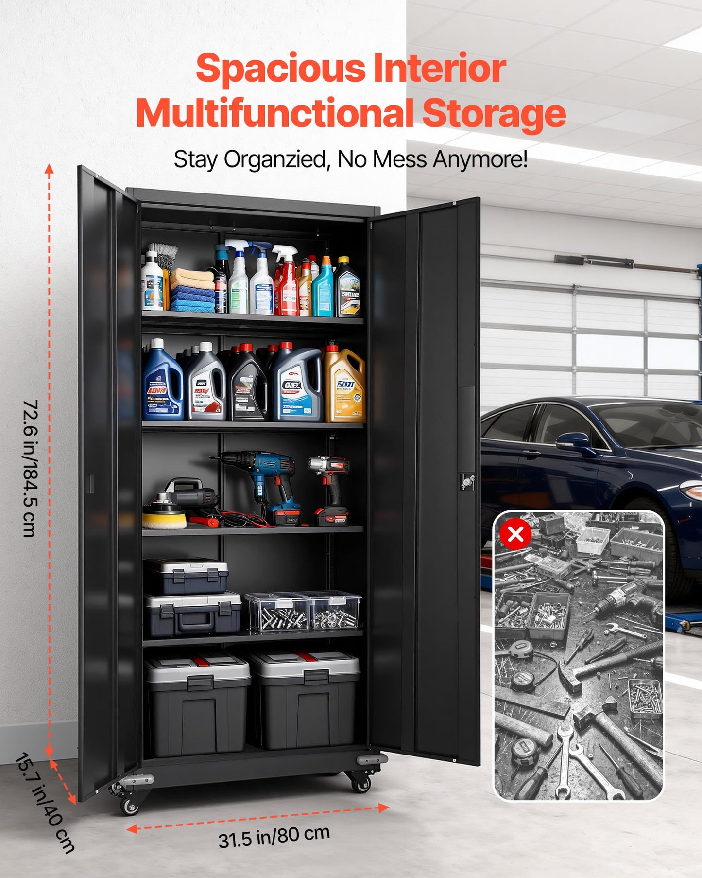 VEVOR Metal Storage Cabinet, 72.6 in Rolling Steel Garage Cabinet with 4 Adjustable Shelves, 2 Magnetic Doors & 2 Keys, 5 Tiers Lockable Tool Storage for Pantry, Warehouse, Basement, Office, Black