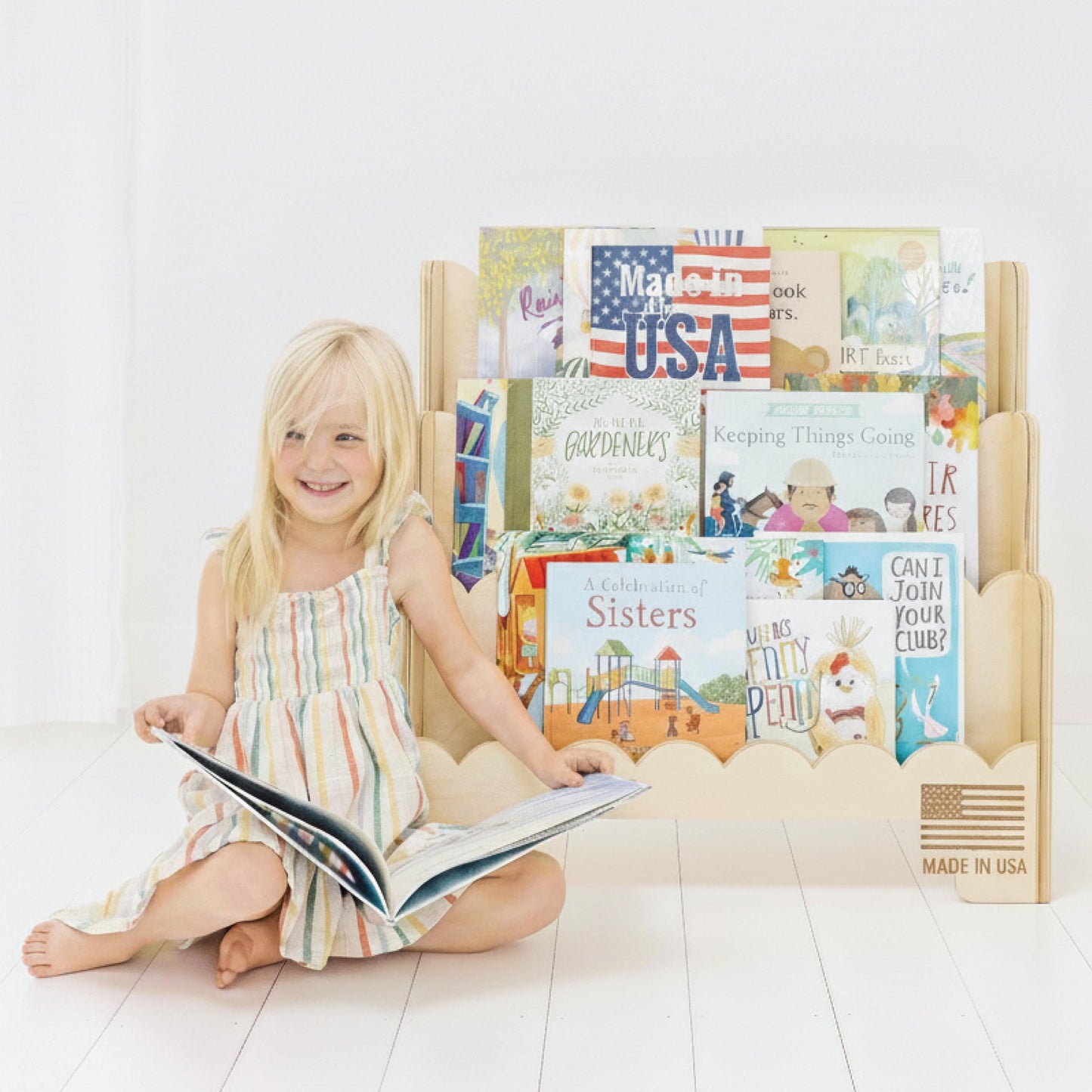 Fable Twig Wooden Kids Bookshelf w/Scalloped Edges- Made in USA- Perfect Height 3-Tier Montessori Shelf- Durable Childrens Bookcase for Kids Room or Playroom- Baby Book Shelf Nursery